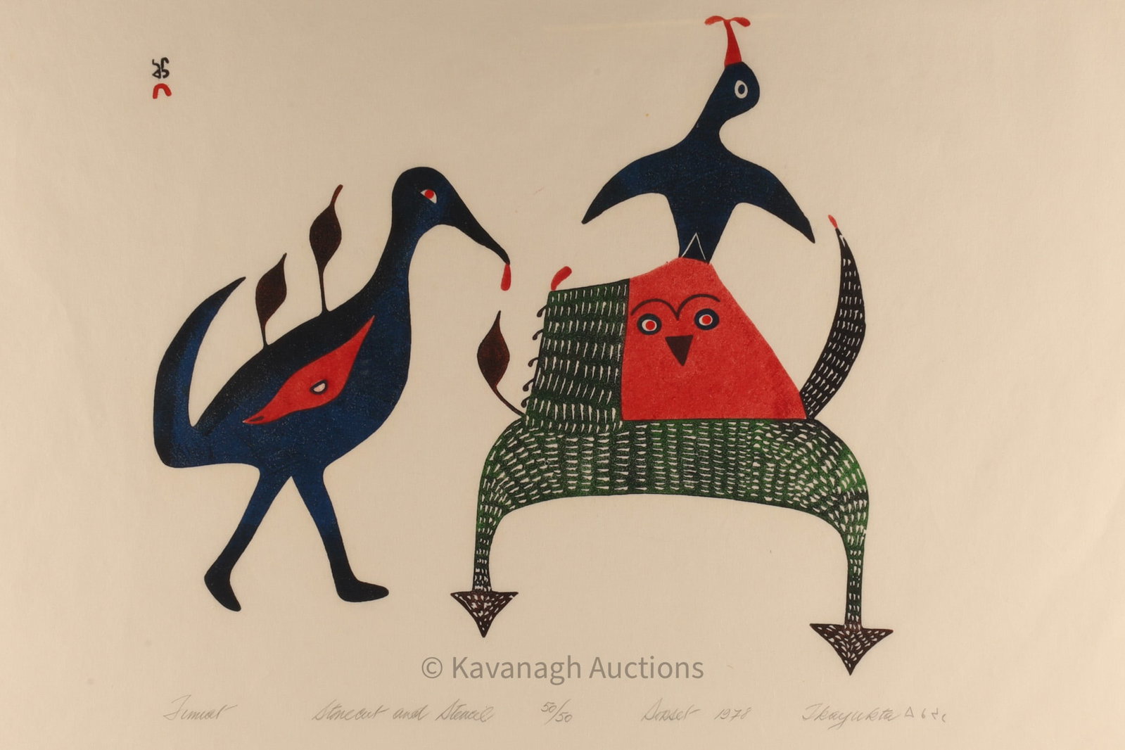 Ikayukta Tunnillie (1911-1980), Birds and Spirit, 1978, Stonecut and Stencil, 50/50, Cape Dorset: Ikayukta Tunnillie (1911-1980), Birds and Spirit, 1978, Stonecut and Stencil, 50/50, Cape Dorset. A scarce stonecut and stencil print by Ikayukta Tunnillie (Inuit, 1911-1980), titled Birds and Spirit 