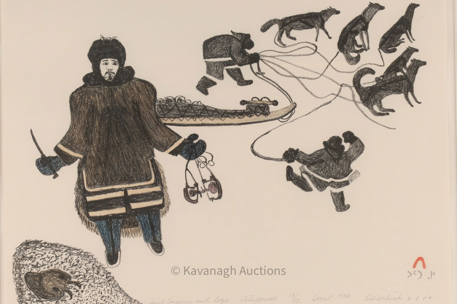 Inuit Trapper and Dogs Oshoochiak Pudlat, Kinngait (Cape Dorset) 1984 Lithograph (1 of 7)