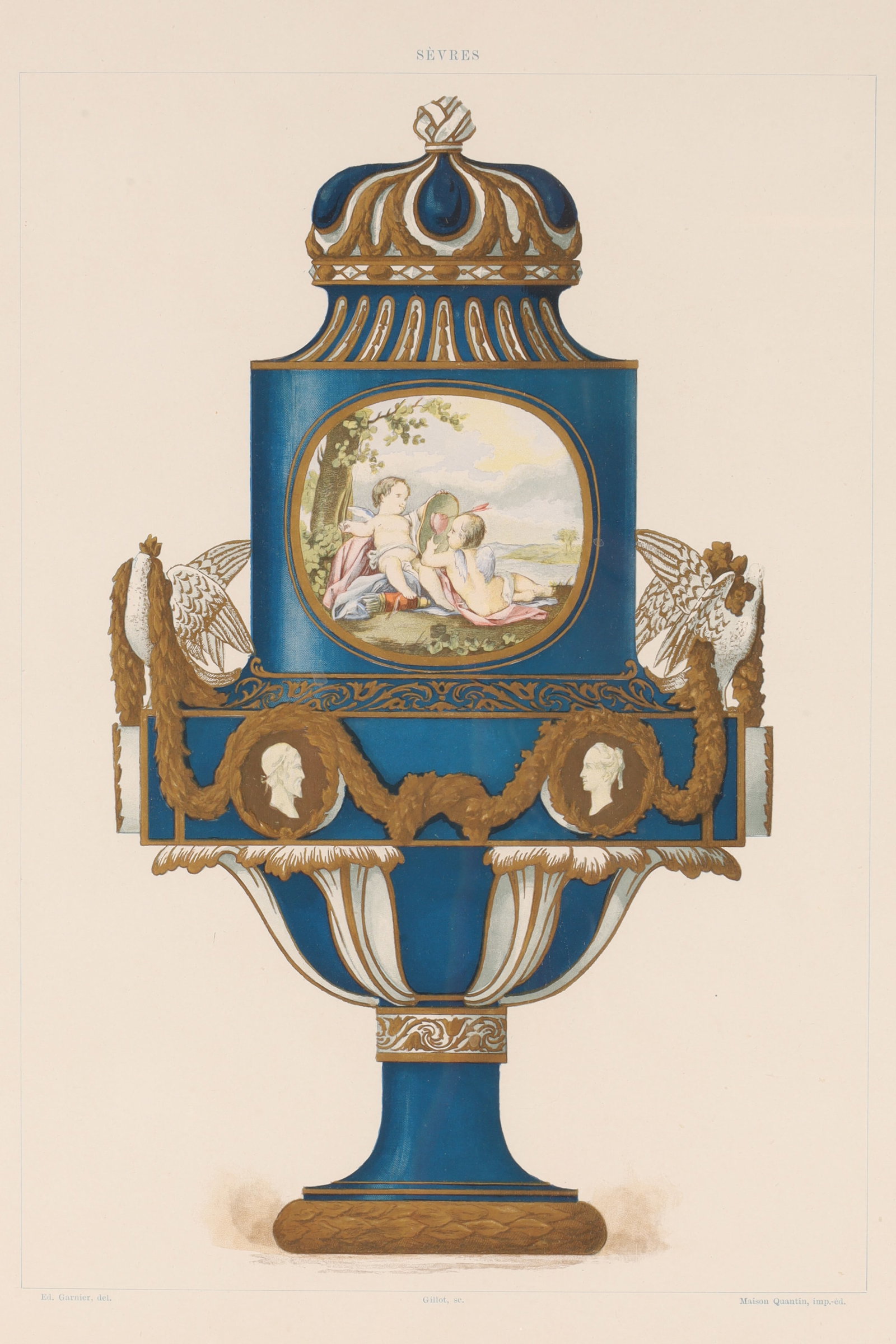 Antique Sevres Chromolithograph Print of A Vase: Chromolithograph print of a Sevres porcelain vase by French artist and curator Edouard Garnier (1840-1903). The print is from Garnier's book, La Porcelaine Tendre de Sevres (The Soft Porcelain of Sevr