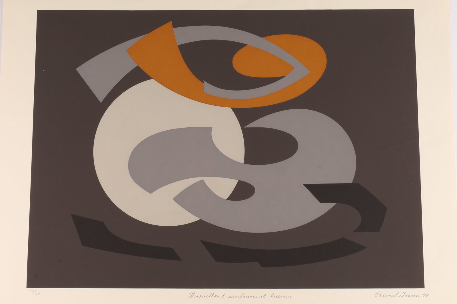 Carmel Yason (20th c.), Brouillard, embruns et brumes Screenprint, 1974: A bold abstract screenprint by Carmel Yason, titled Brouillard, embruns et brumes, created in 1974. The composition features interlocking curvilinear forms in earthy ochres, blacks, and greys, evoking
