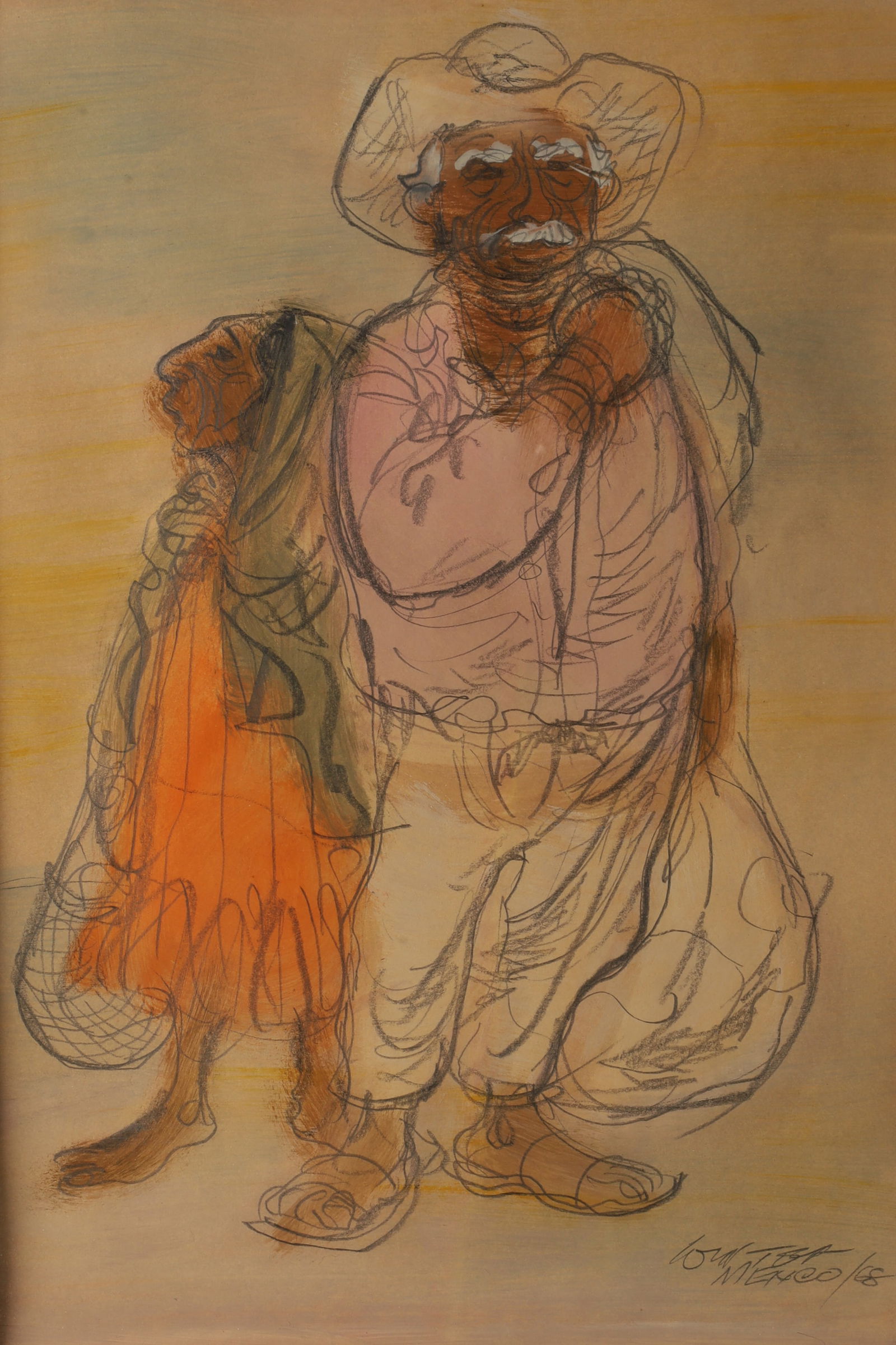 Mid Century Mixed Media Mexican Drawing of Two Figures (1 of 6)