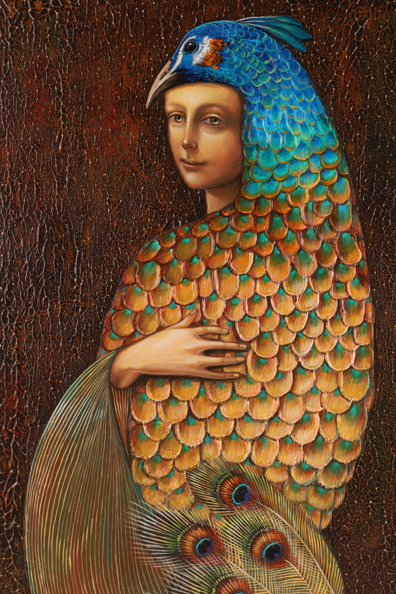Signed Fosil Oil on Canvas, Woman as Peacock, Titled Hera II: Signed Fosil Oil on Canvas, Woman as Peacock, Titled Hera II on verso, dated 2006. Canvas measures 24”H x 12”W, 30” x 18” framed.