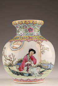 Chinese Export Famille Rose Vase: Chinese Export Famille Rose Vase decorated with a female figure in a landscape. Measuring 4.5”H x 3”W.