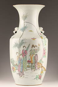 Antique Republic Period Chinese Famille Rose Vase: Antique Republic Period Chinese Famille Rose Vase decorated with females in a garden landscape. With lion ring masks on shoulders, calligraphy on neck and body. 17” x 8”