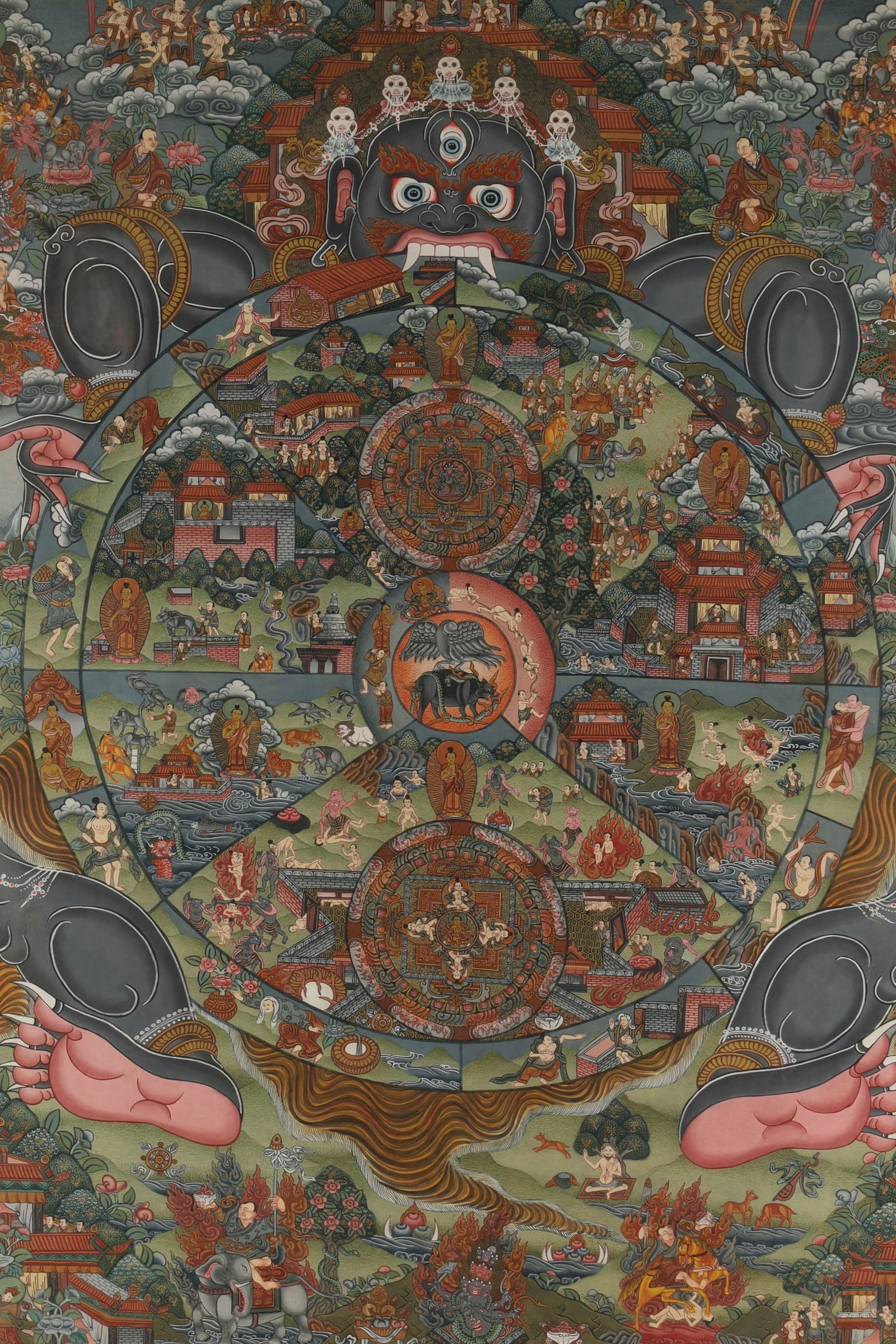 Tibetan Thangka Buddhist Painting Bhavacakra / Wheel of Life: Tibetan Thangka Buddhist painting, depicting the Bhavacakra, or "Wheel of Life". The Bhavacakra is a symbolic representation of samsara, the cycle of reincarnation and rebirth in Budd