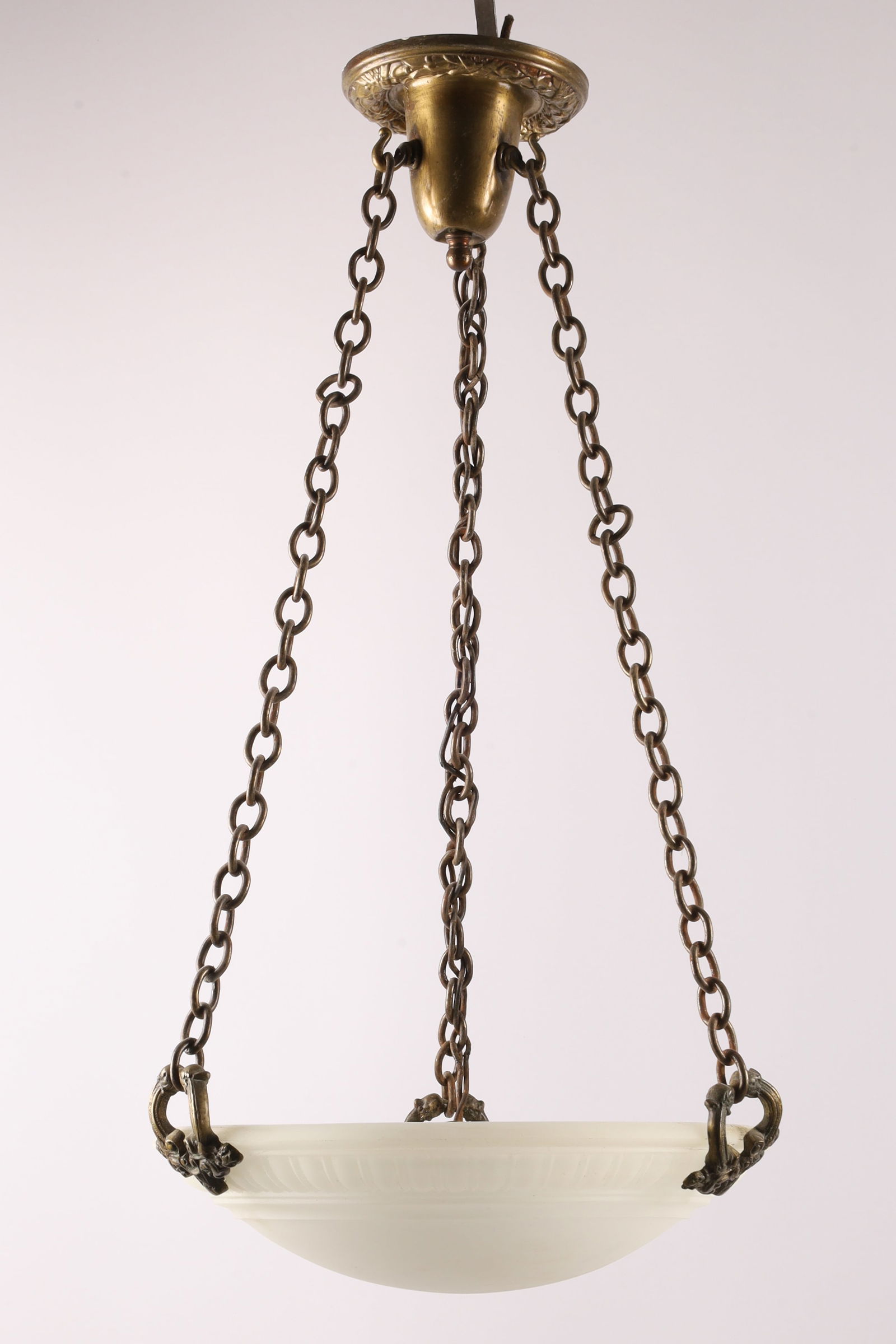 Antique Jefferson Milk Glass / Moonstone and Bronze Plafonnier Pendant Light: Antique Jefferson Milk Glass / Moonstone and Bronze Plafonnier Pendant Light. Measuring 30”H x 15”W, including bronze fitting / ceiling cup.