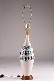 Rare Mid Century Bitossi Ceramic Table Lamp: Mid-Century Modern Ceramic Table Lamp Height: 38” (overall), Ceramic section: 20” H × 8” diameter A striking mid-century modern ceramic lamp featuring a textured white body inlai