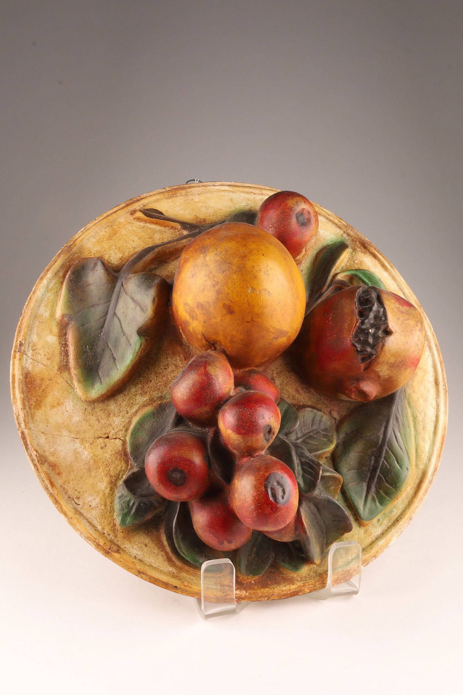 Antique Plaster Fruit Wall Hanging Centrepiece, Trompe-L'oeil: Antique plaster fruit centerpiece, trompe-l'œil (deceive the eye) style, where the fruits are crafted to look very realistic. It features a variety of fruits, pomegranates, pears, and apples. 1