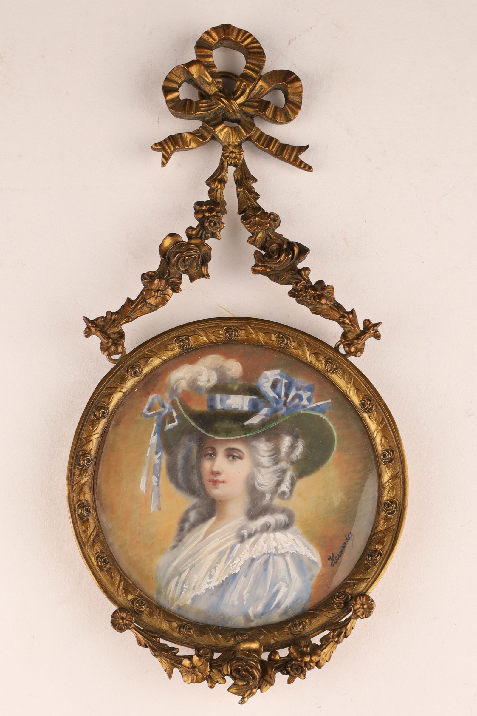 Signed 19th C Miniature Painting Portrait in Bronze Hanging Frame (1 of 9)