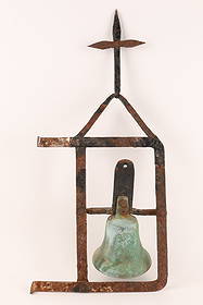 Antique Cloister Bell, Bronze with Putto Decoration: Antique Cloister Bell with Wrought Iron Bracket Continental, 18th-19th century A substantial cast bronze cloister bell, decorated in relief with a putto/cherub, retaining a rich aged verdigris patina.