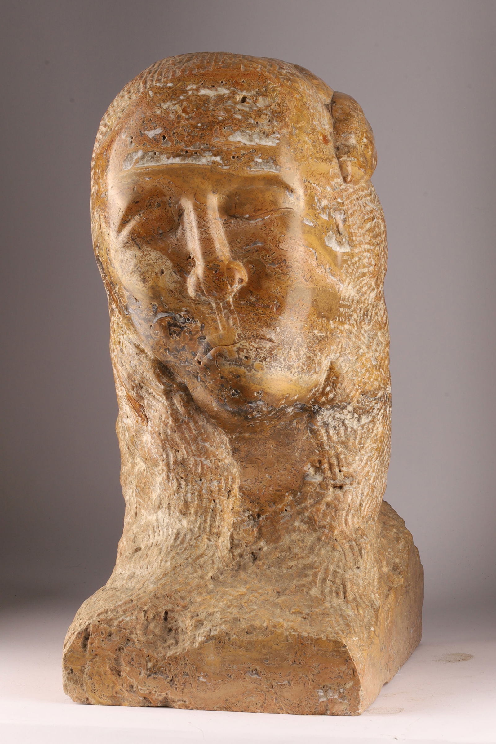 Large Modernist Travertine Bust Sculpture by Robert Viau 1978 (1 of 7)