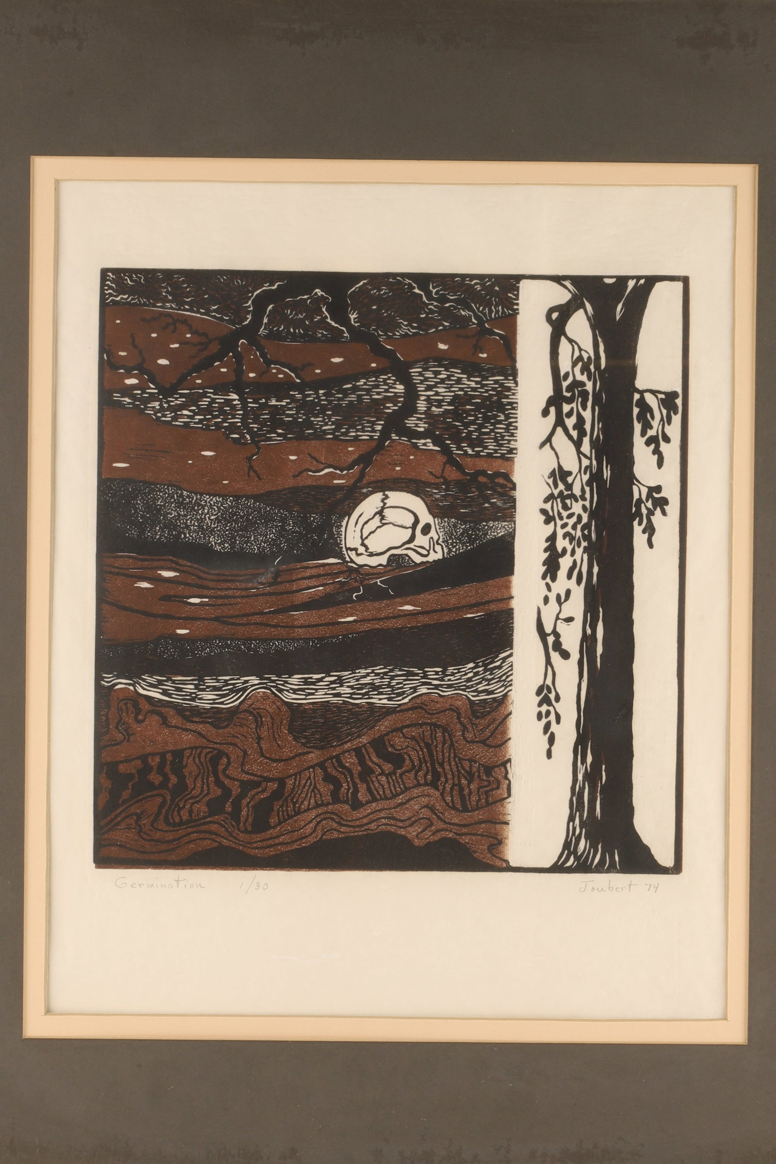Signed Joubert 74 Lino or Woodcut Titled Germination 1/30: Lino or Woodcut print titled "Germination" by an artist named Joubert, dated '74. It is a limited edition print, numbered 1/30. The artwork depicts a stylized scene with a tree on the right side and a