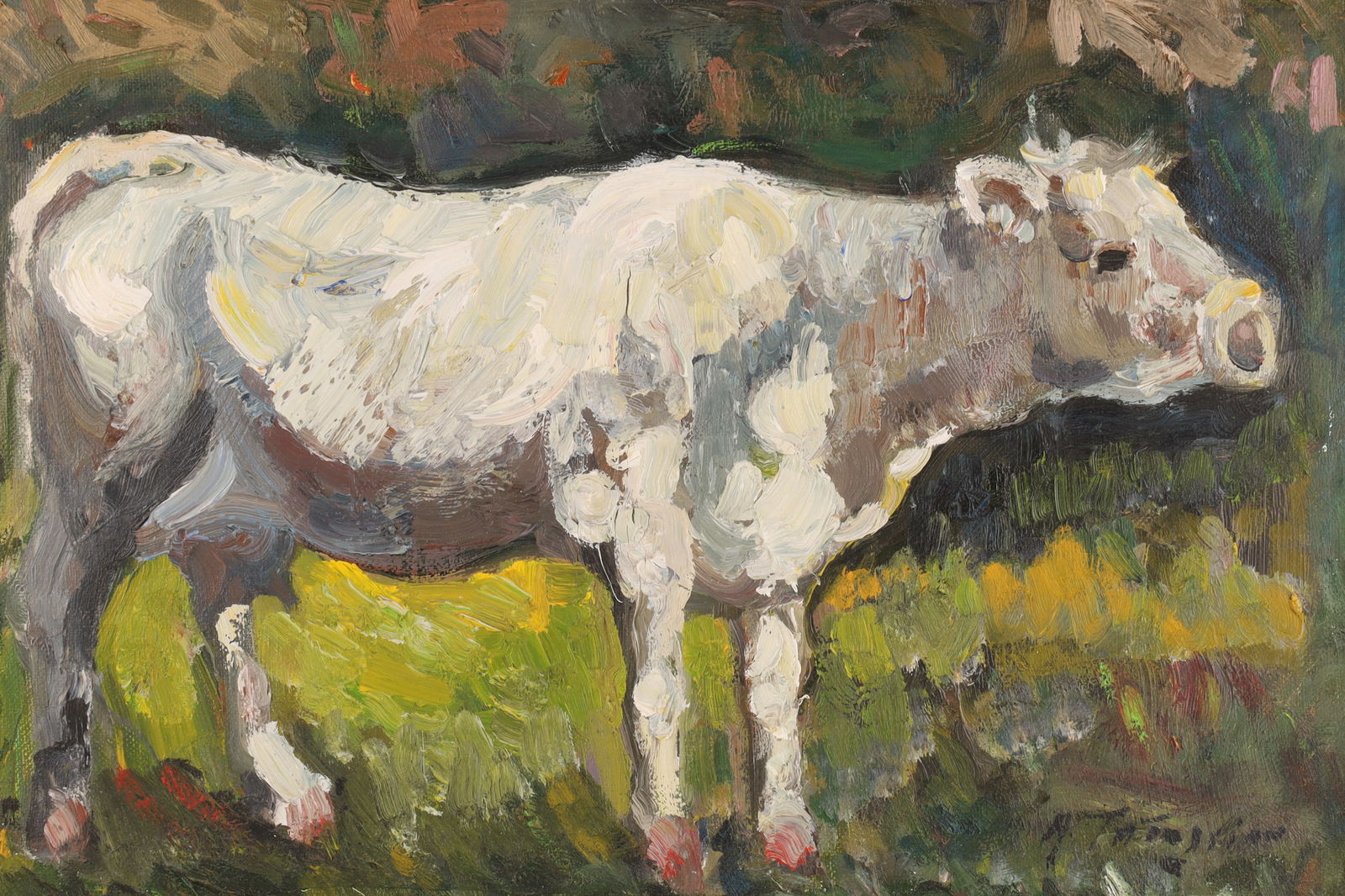 Armand Tatossian (Canadian, 1948-2012) Impressionist Oil on Board of a Cow: Oil painting of a cow by the Canadian artist Armand Tatossian (1948-2012). Board measures 12”H x 18”W, 21.5” x 27.5” framed. Signed lower right. Tatossian was a figurative-impr