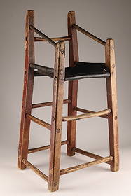 Antique Red painted peg-joined wooden highchair with a leather seat, Quebec C. 1900: Antique Red painted peg-joined wooden highchair with a leather seat, Quebec C. 1900 having an old surface with original red paint. Measuring 31” high.