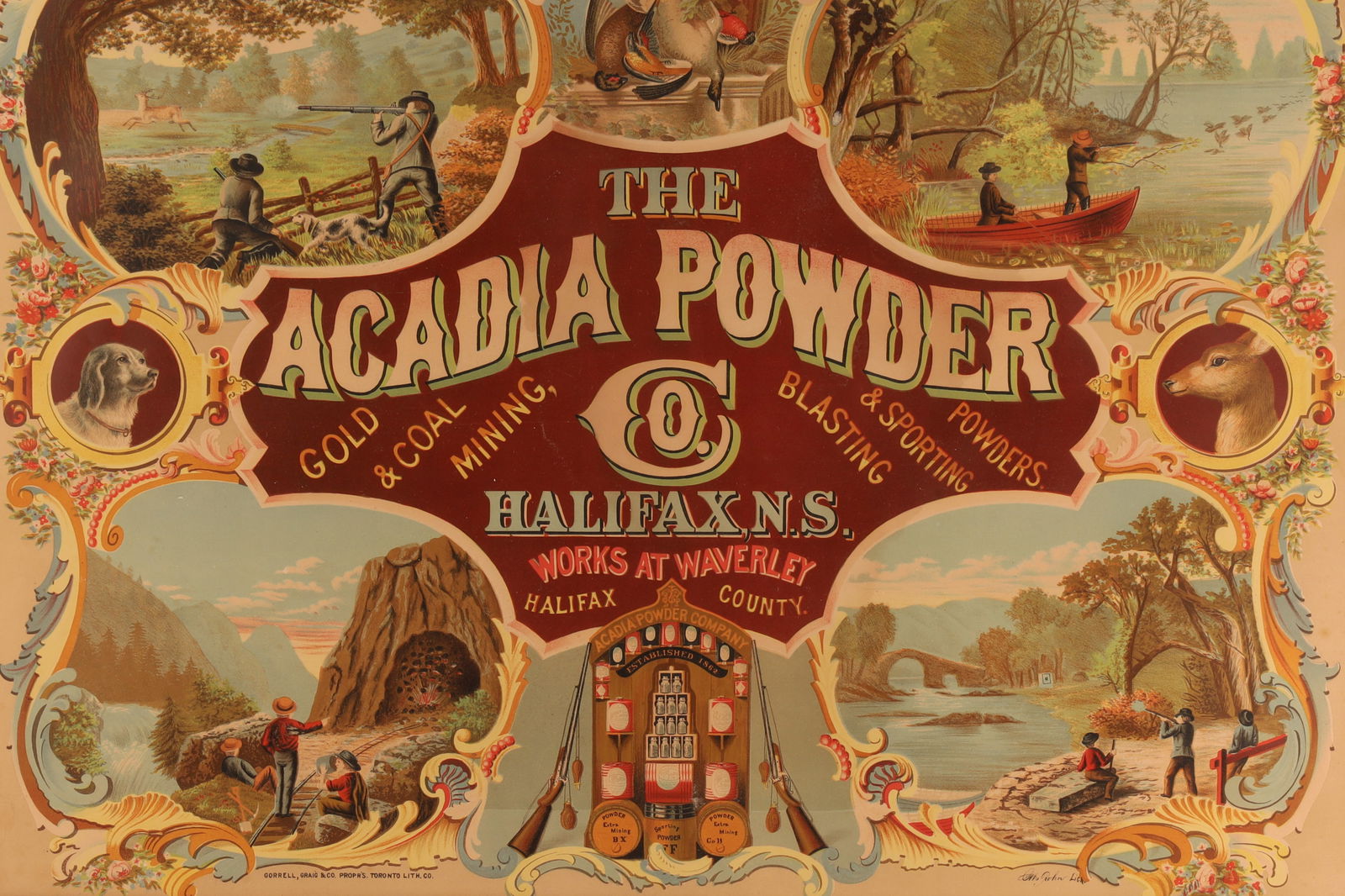 Antique Acadia Gun, Mining, Sport Powder Advertising Poster: Framed advertisement for The Acadia Powder Co., which was located in Halifax, N.S. The ad features various scenes related to the use of their products, such as gold and coal mining, blasting, and spor