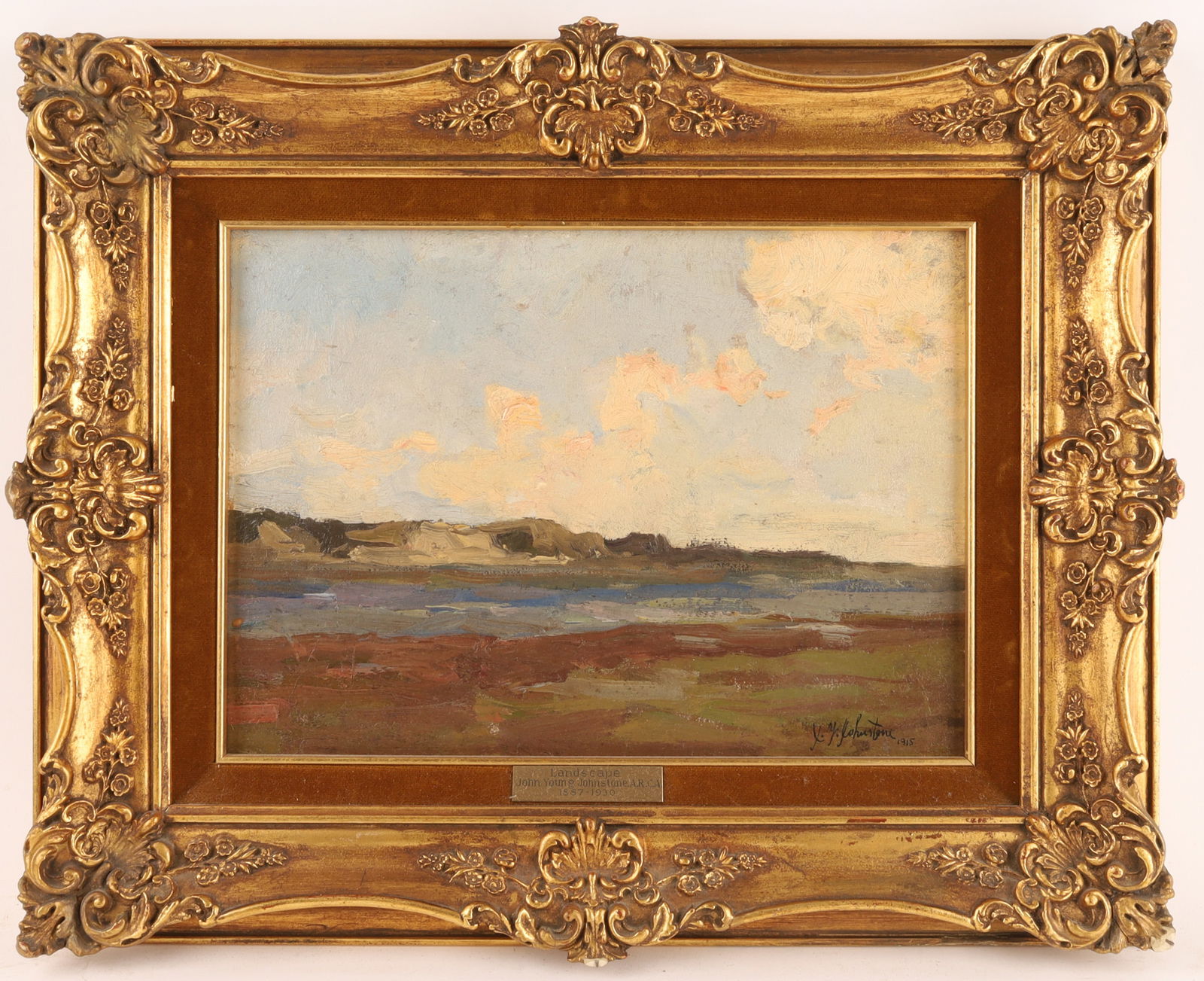 John Young Johnstone (Canadian, 1887 - 1930) Impressionist Landscape: John Young Johnstone A.R.C.A (Canadian, 1887 - 1930) Oil on Board, Impressionist Landscape. Signed lower right, dated 1915. Board measures 9 x 12.5 inches W, framed to 15 x 18.5 inches. John Y