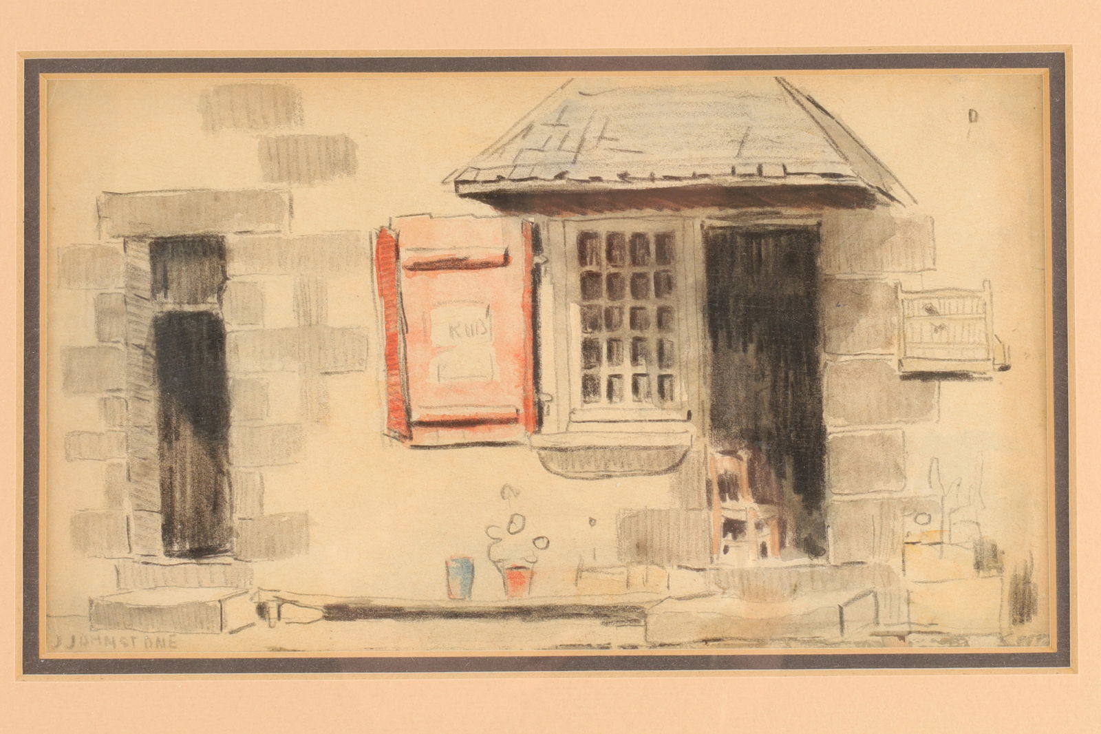 John Young Johnstone (Canadian, 1887 - 1930) Mixed Media Store Front Drawing: John Young Johnstone (Canadian, 1887 - 1930) Mixed Media, Watercolour and pencil, Store Front Drawing. Image measures 4.5 x 8 inches. John Young Johnstone (1887-1930) was a Canadian Impressionist pain
