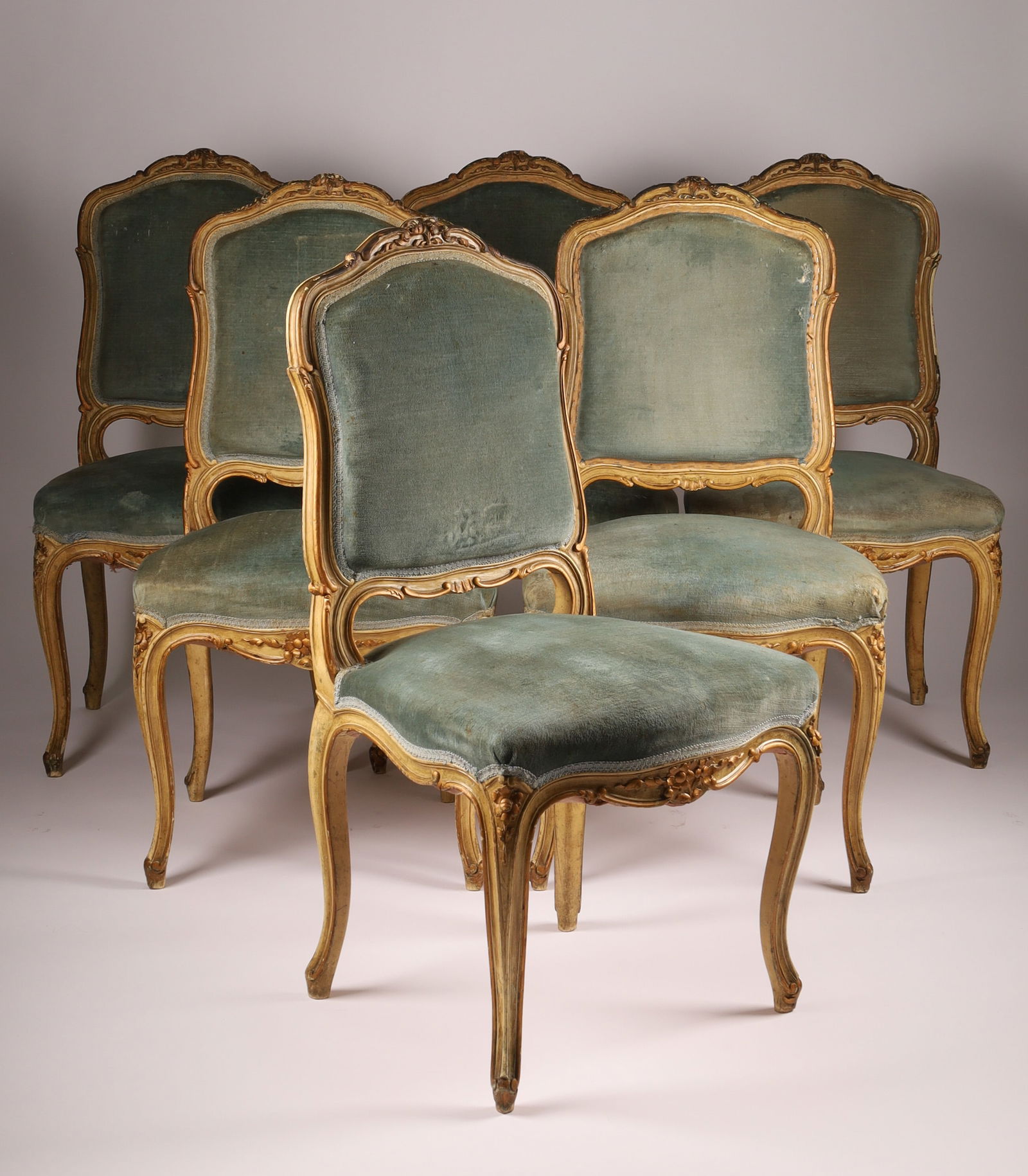Set of Six Louis XV-Style Giltwood and Velvet Salon Chairs, 19th Century (1 of 9)