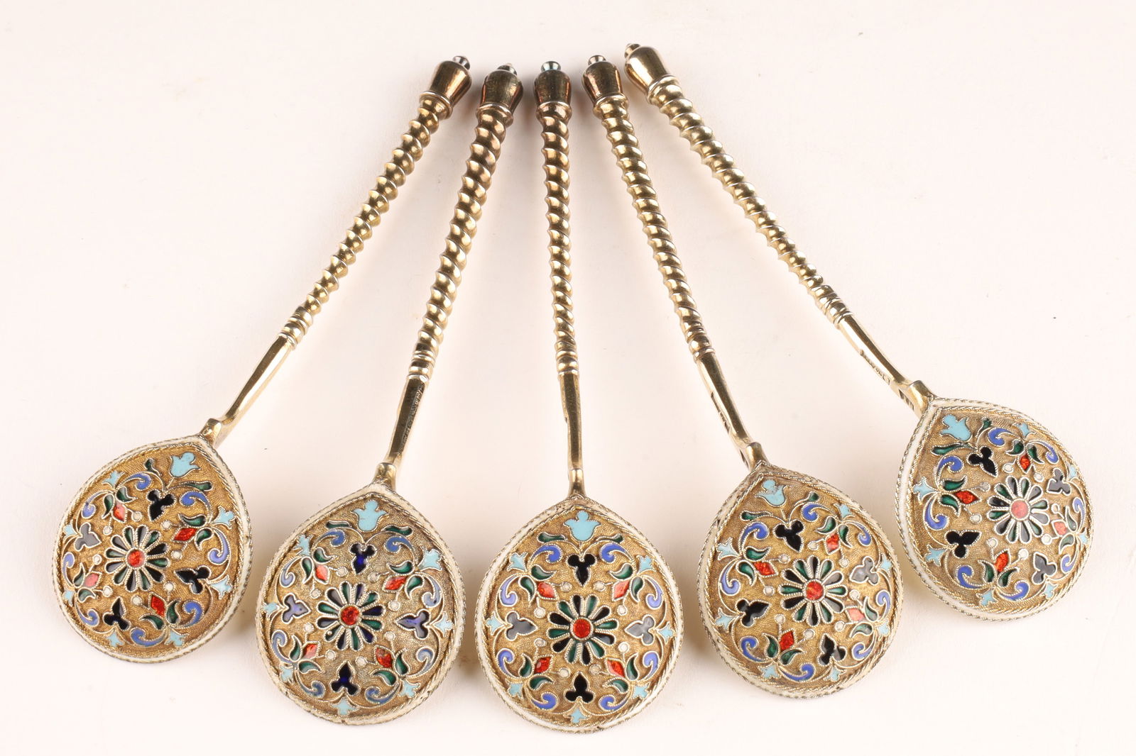 Set of 5 Sterling Silver Gilt Russian Enamel Teaspoons (1 of 6)