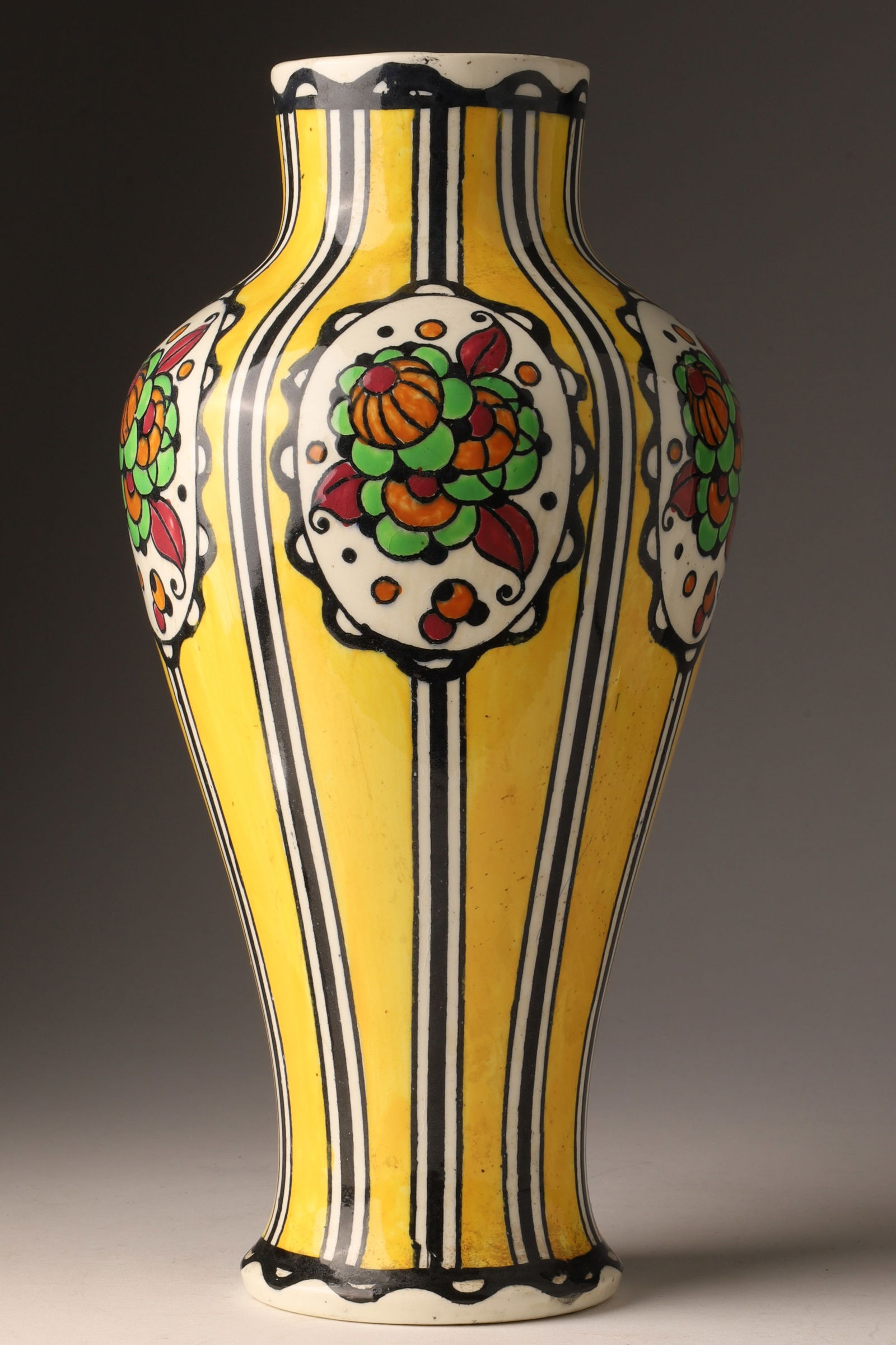 Charles Catteau for Boch Freres Art Deco Vase: Art Deco Charles Catteau BOCH Frères La Louvière Polychrome enameled earthenware vase. Marked on underside, D.876, stamped Bosh Fr. with impressed model number 722. Measuring 12”H x 6”W.
