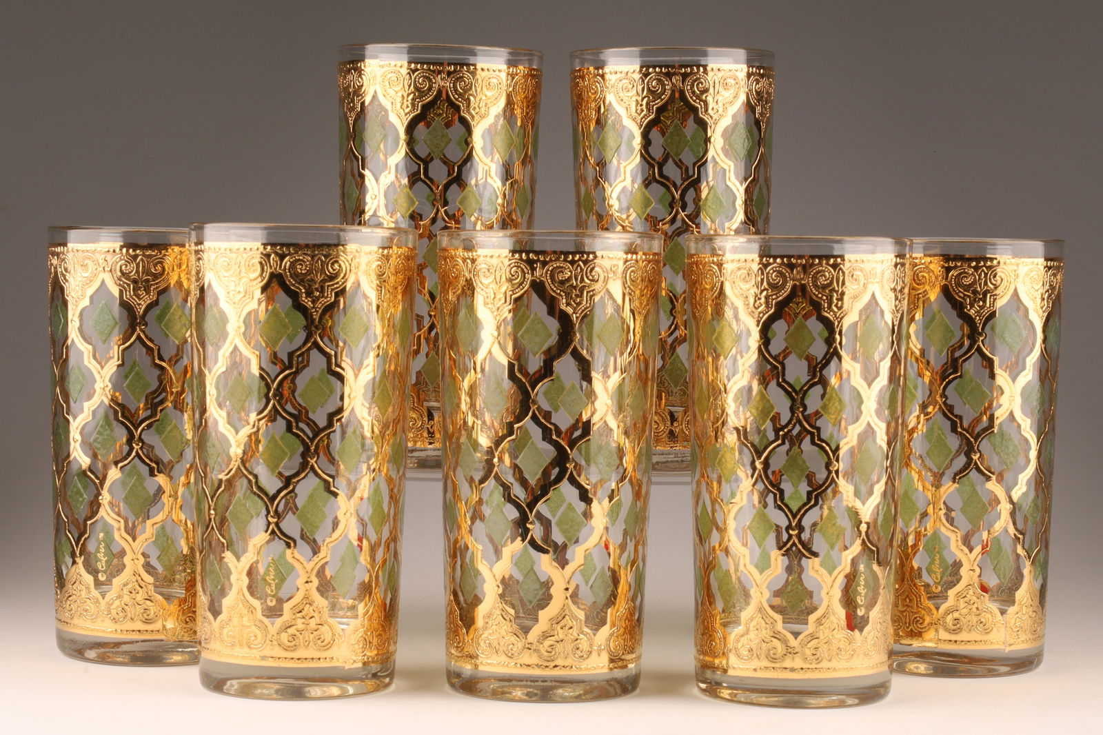 Set of 7 Vintage Signed Culver Valencia Tumblers Cocktail Glasses: Set of 7 Vintage Signed Culver Valencia Green and Gold Tumblers / Cocktail Glasses. Measuring 5.75 inches H x 2.75W.