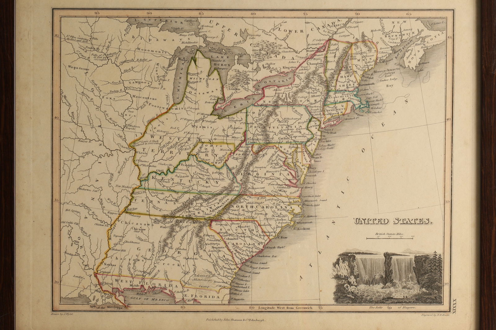 19th C John Thompson and Co. Map of the United States: 19th C John Thompson and Co. Map of the United States, hand coloured. Image measures 10.5 x 13.5 inches, framed to 12.75 x 15.75 inches.