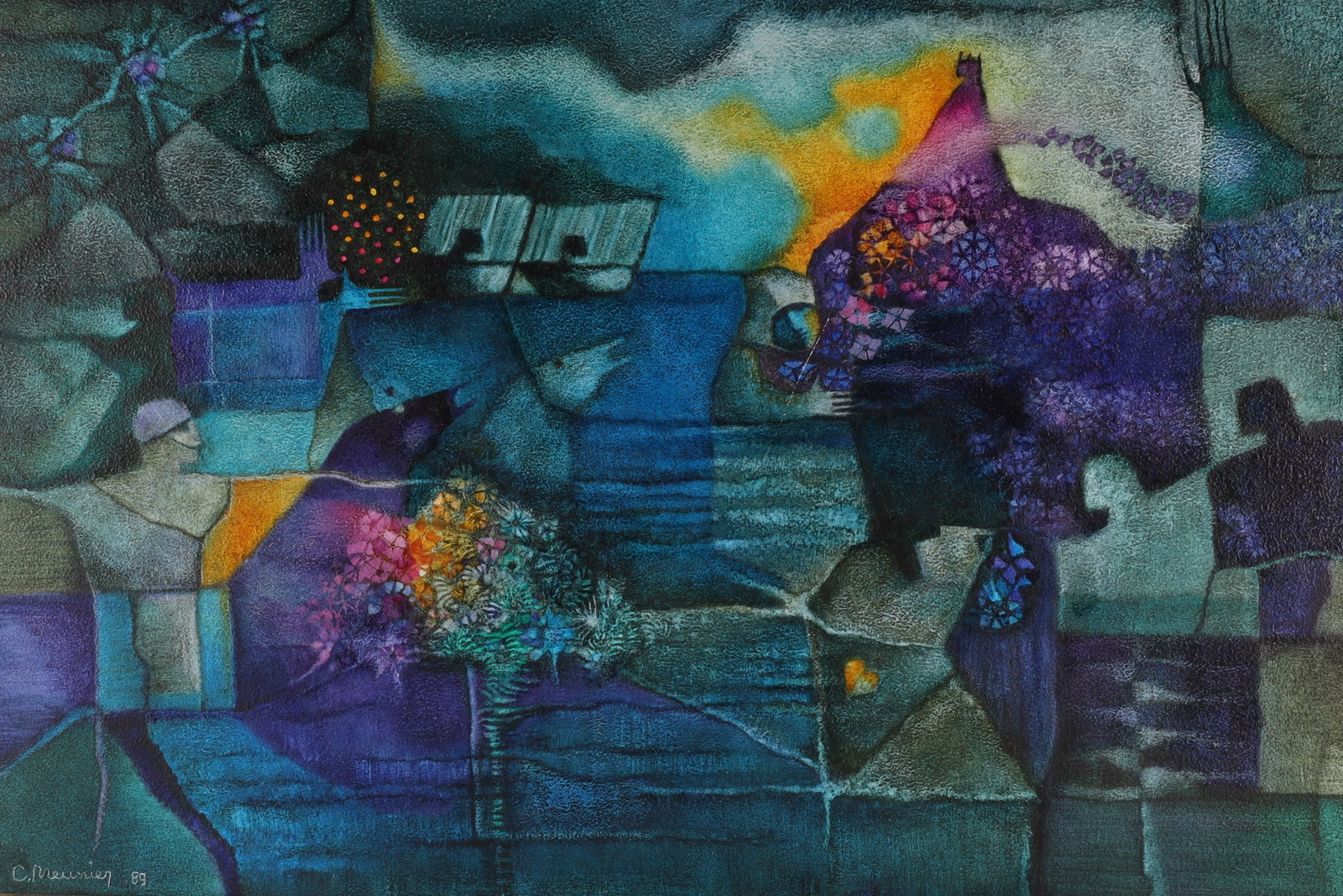 Claire Meunier (Canadian, 1928-2010) Oil Painting, Le Chevalier Semeur 1989: Claire Meunier (Canadian, 1928-2010) Abstract Oil Painting, Le Chevalier Semeur 1989. Measuring 24 inches H x 36 W.