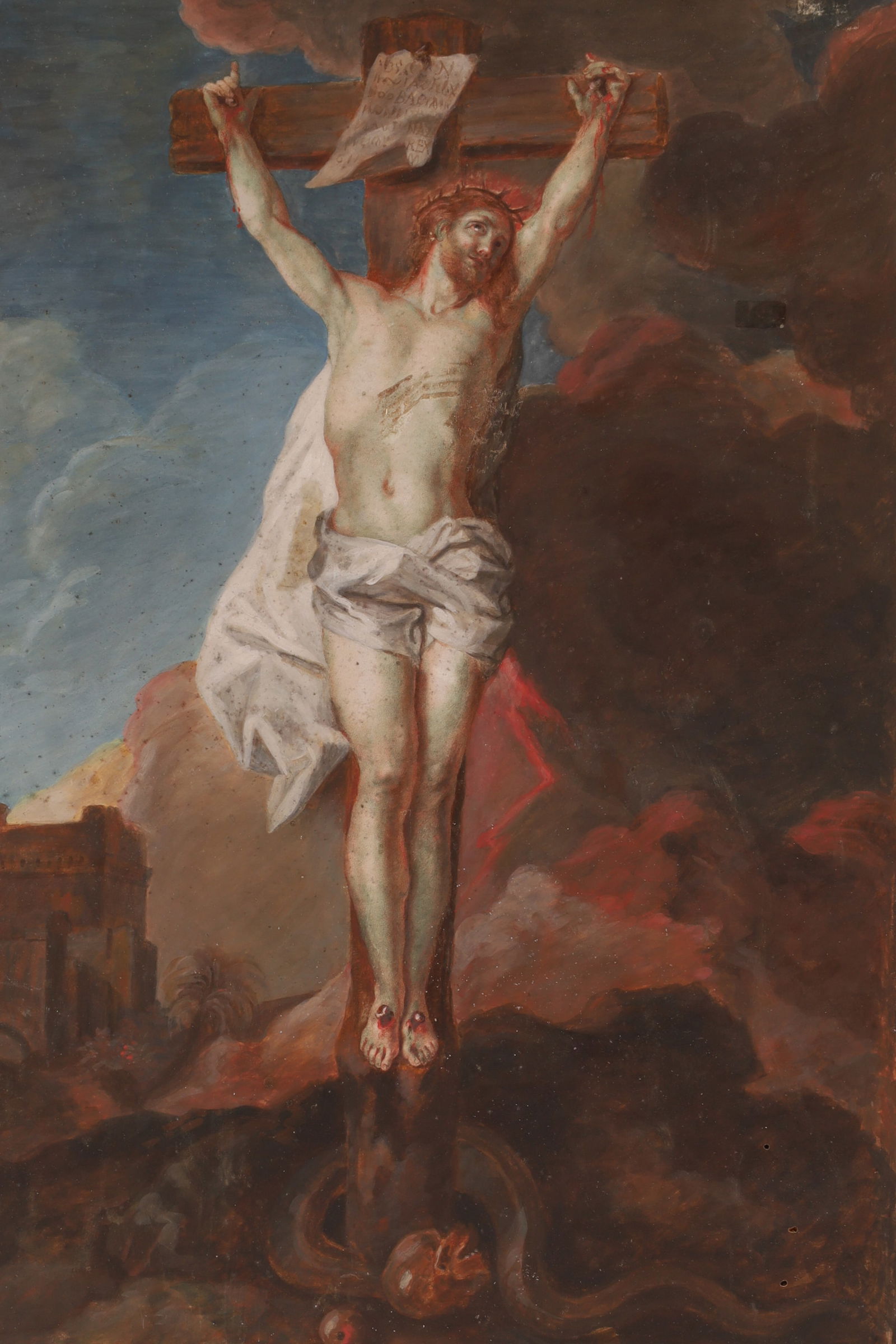 De La Fosse after Eustache Le Sueur - 18th C. Oil painting on Vellum, “The Crucifixion (1 of 7)