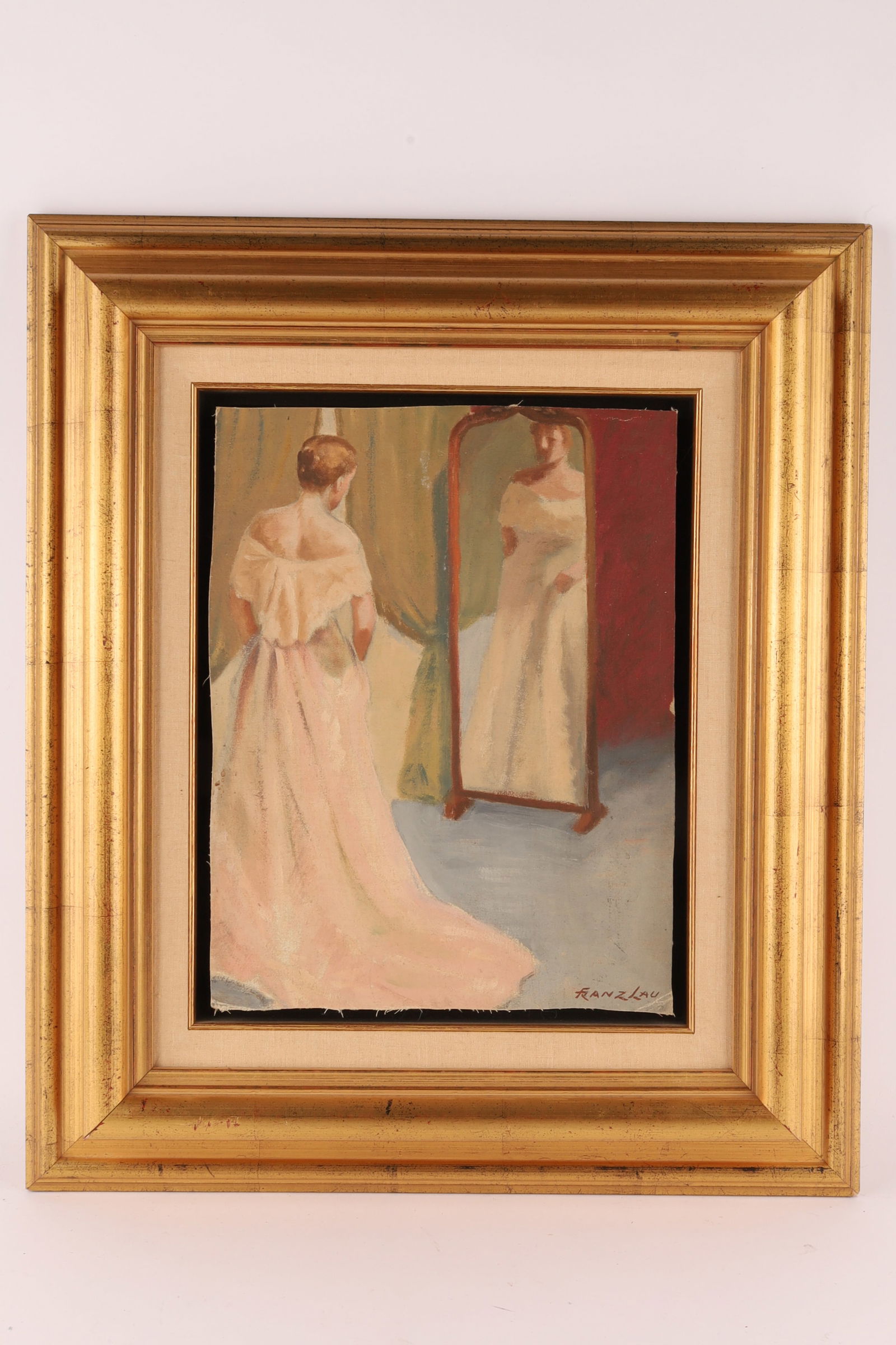 Franz Lau (German, 1889-1970) “Woman Before a Mirror?? Oil painting on Canvas: Franz Lau (German, 1889 - 1970)Woman Before a Mirror, ca. 1950 - 1960 Oil on canvas, the original canvas later trimmed and float-mounted within a giltwood frame with linen liner.A serene interior stud