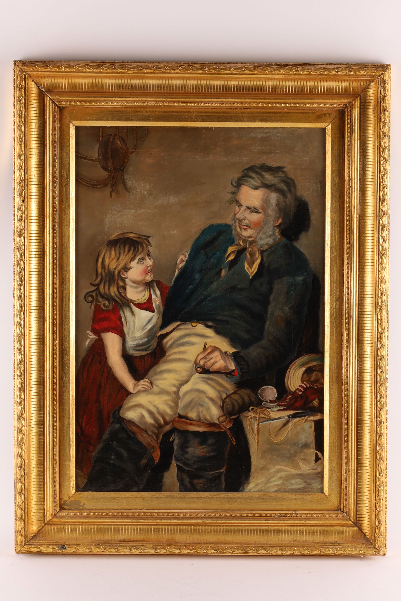 19th C American Folk Art Oil on Canvas Man with Child (1 of 7)