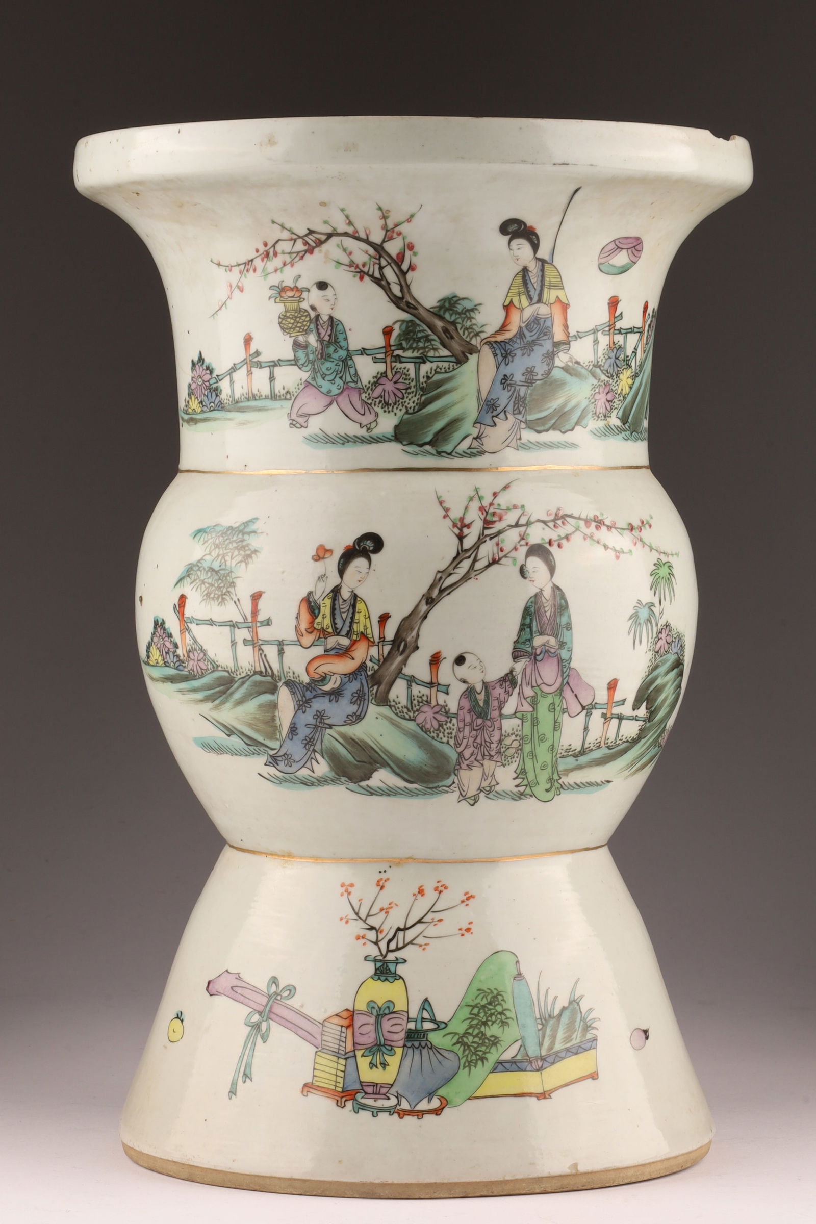 Antique Chinese Famille Rose Gu-Form Vase with Calligraphy and Court Ladies: An elegant antique Chinese porcelain vase of gu form, rising from a flared foot to a bulbous midsection and trumpet mouth. One side is finely decorated in famille rose enamels with scenes of court lad