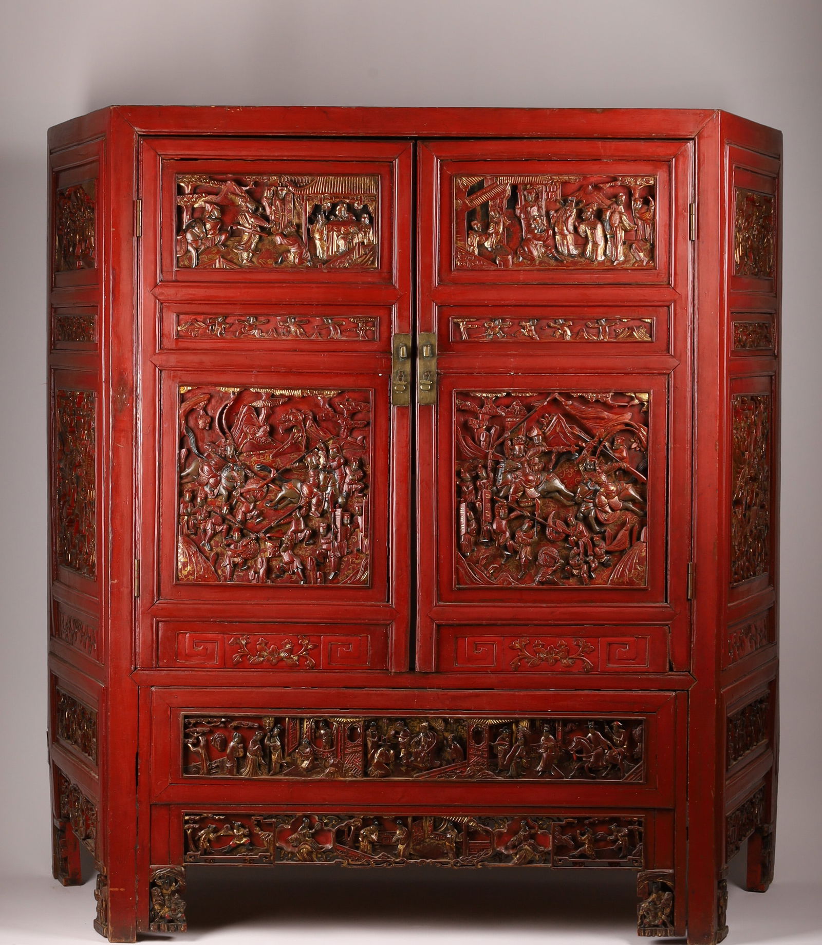 Large Antique Chinese Qing Carved Red Lacquer Wedding / Temple Cabinet, Unusually Shaped (1 of 12)