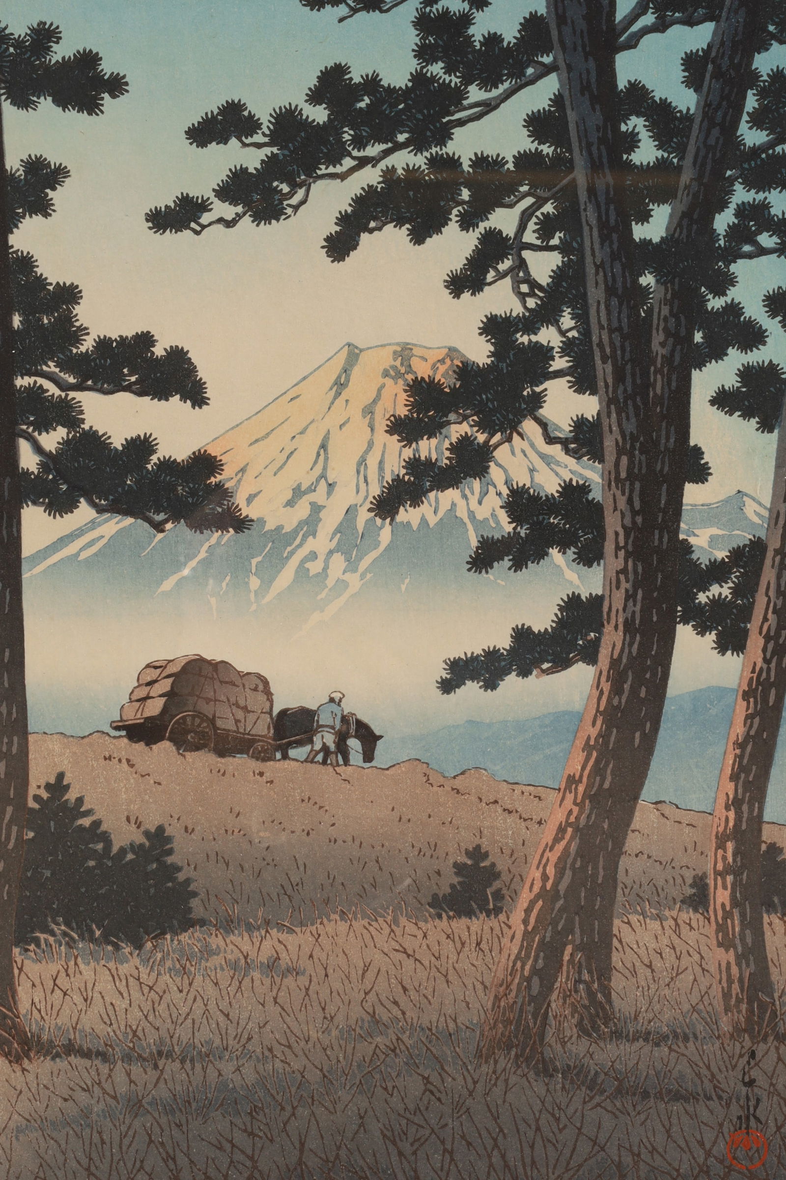 Japanese Woodblock Print Kawase Hasui, Evening at Tagonoura: Japanese Woodblock Print Kawase Hasui (1883-1957), Evening at Tagonoura. Image measures 14 inches H x 9.5 W, frame measures 20 x 15 inches.