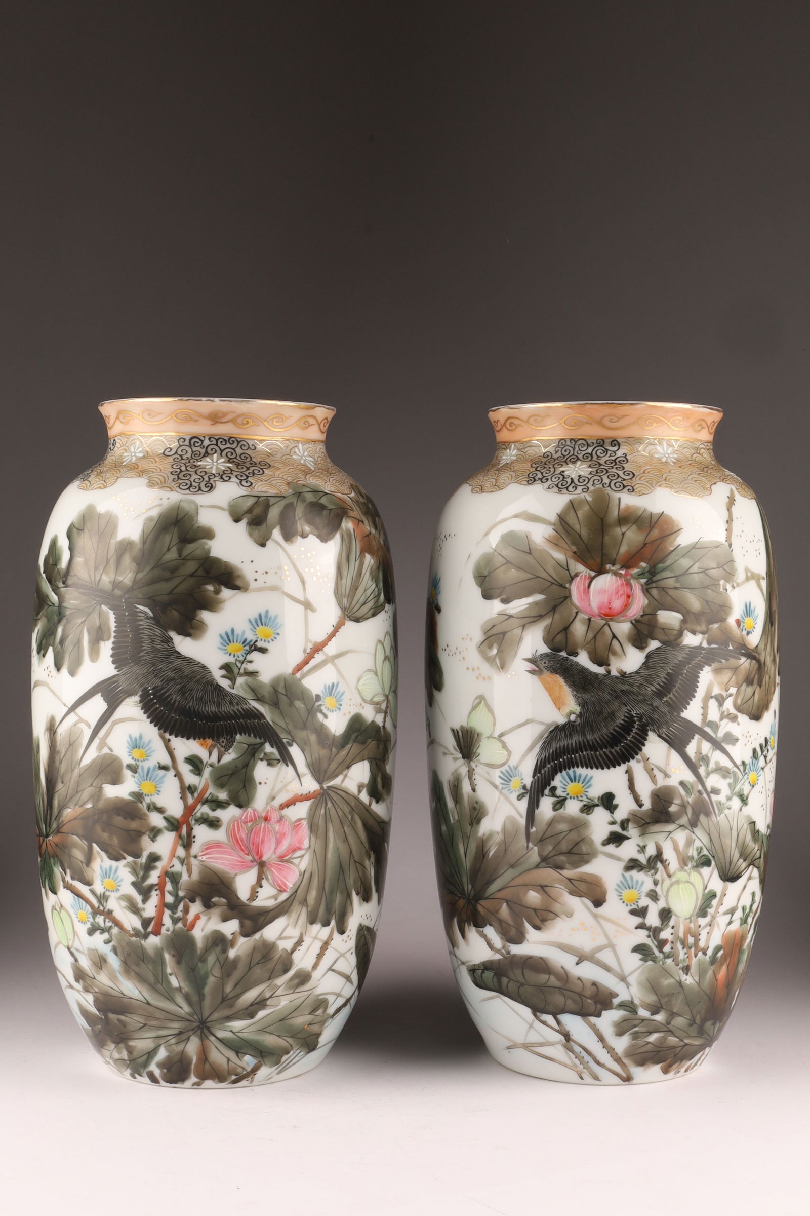 Pair of Japanese Satsuma-Style Porcelain Vases with Birds and Flowers (1 of 10)