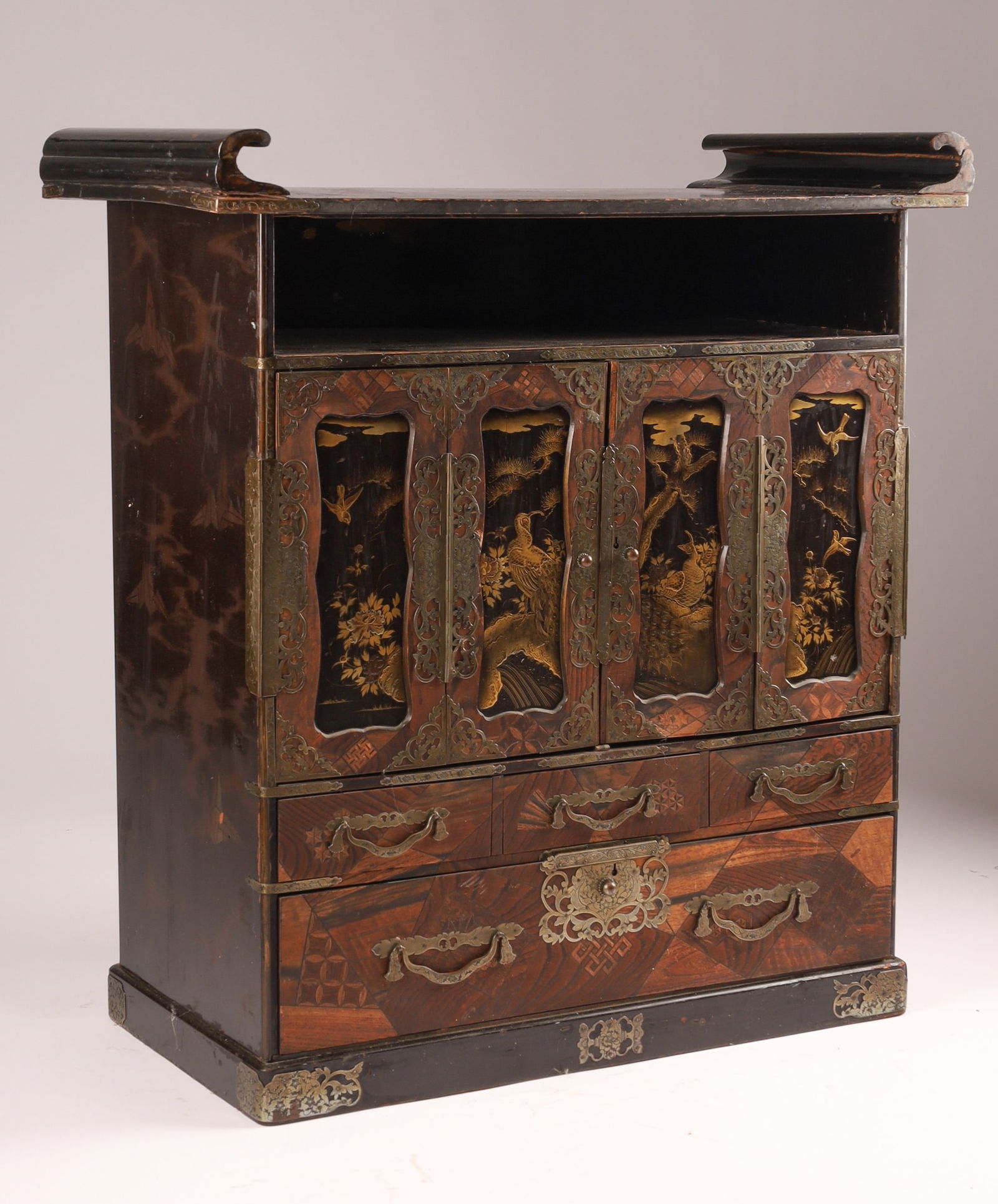 Antique Japanese Shodana Diminutive Cabinet with Yosegi-zaiku Inlay and Bronze Fittings: Antique Japanese Shodana Diminutive Cabinet with Yosegi-zaiku Inlay and Bronze Fittings. Decorated with painted scenes of birds in flight and paper cranes in landscapes, black lacquer interior with Yo