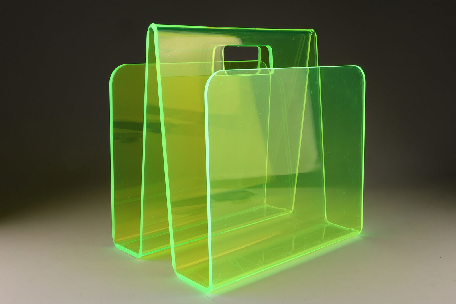 Mid Century Glow Lime Lucite Magazine Rack: Mid Century Space Age Glow Lime Lucite Magazine Rack. 12 x 12 x 8 inches.