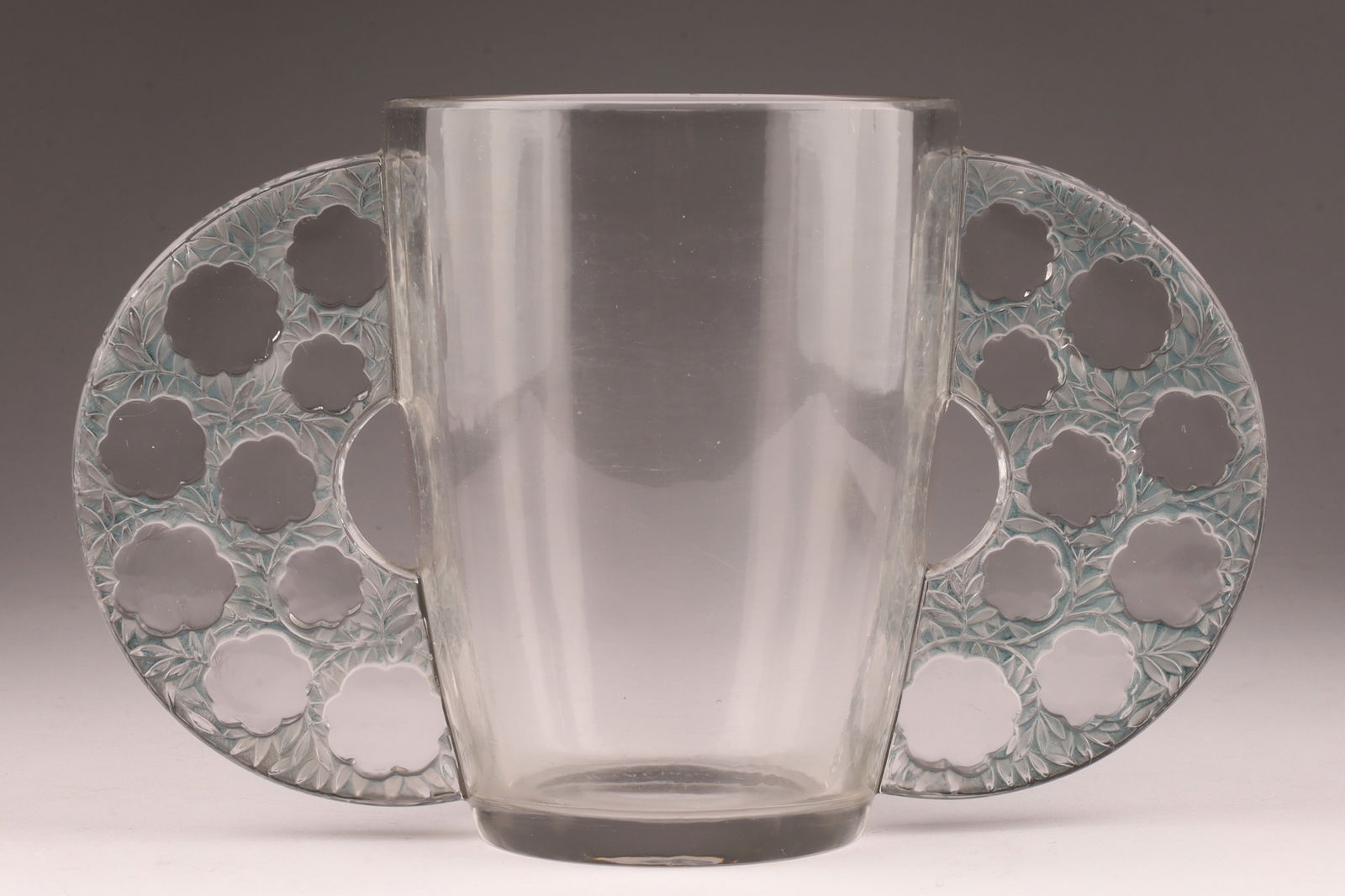 Scarce signed R. Lalique France Art Deco Caudebec pattern vase 1929 w/ blue stain handles (1 of 7)