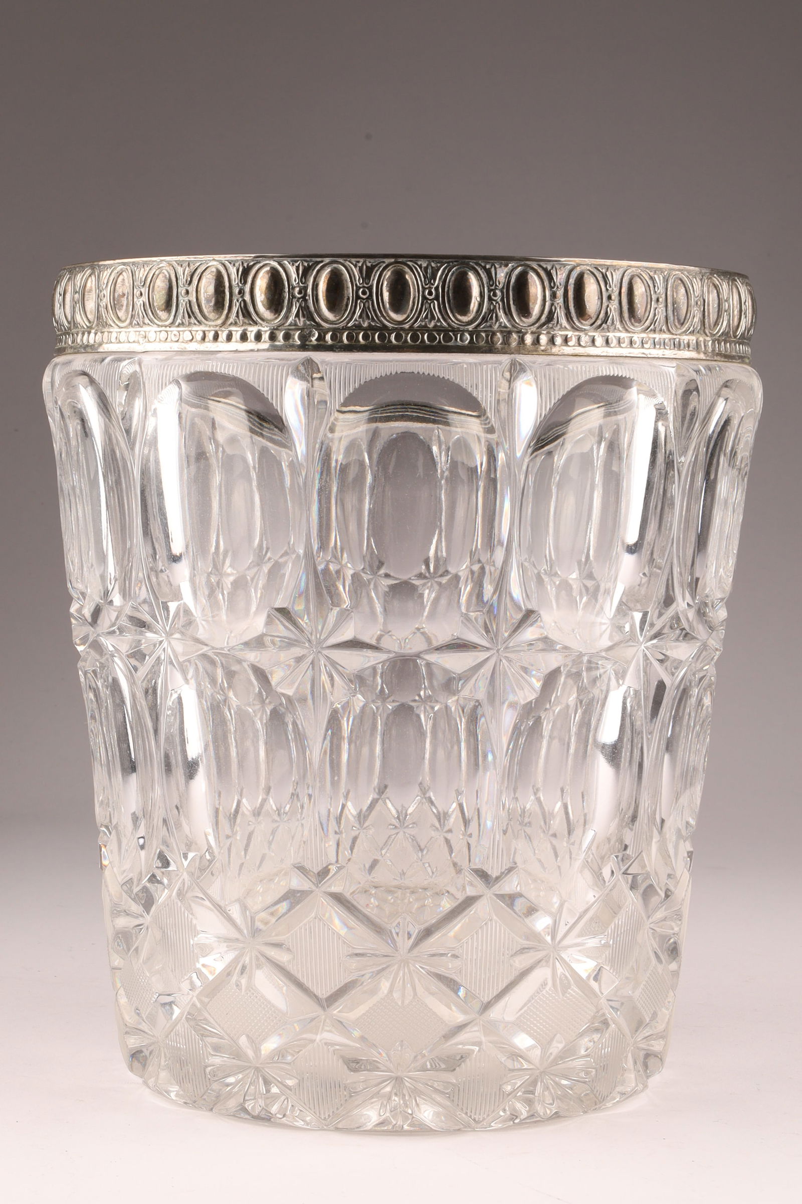 William Adams Cut Lead Crystal and Silver Plate Ice Bucket: William Adams Cut Lead Crystal and Silver Plate Ice Bucket. 9 inches H x 8 W.