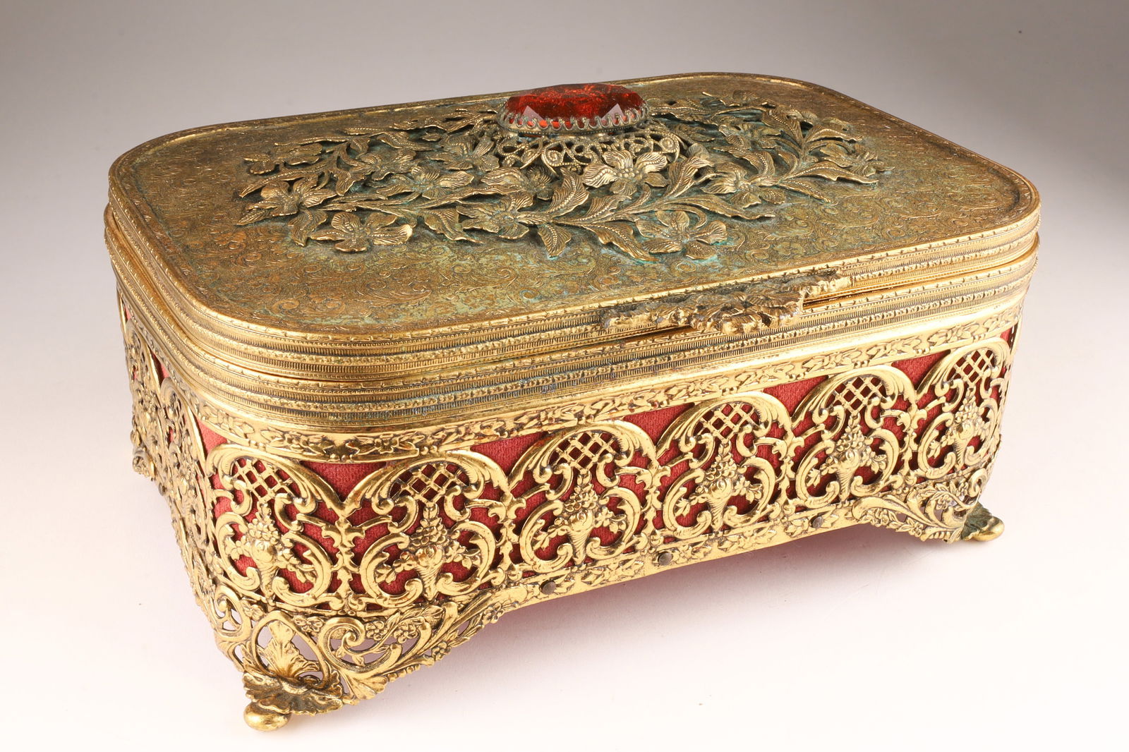 Vintage Ormolu Brass Filigree Jewelry Box with Amber Gemstone (1 of 7)