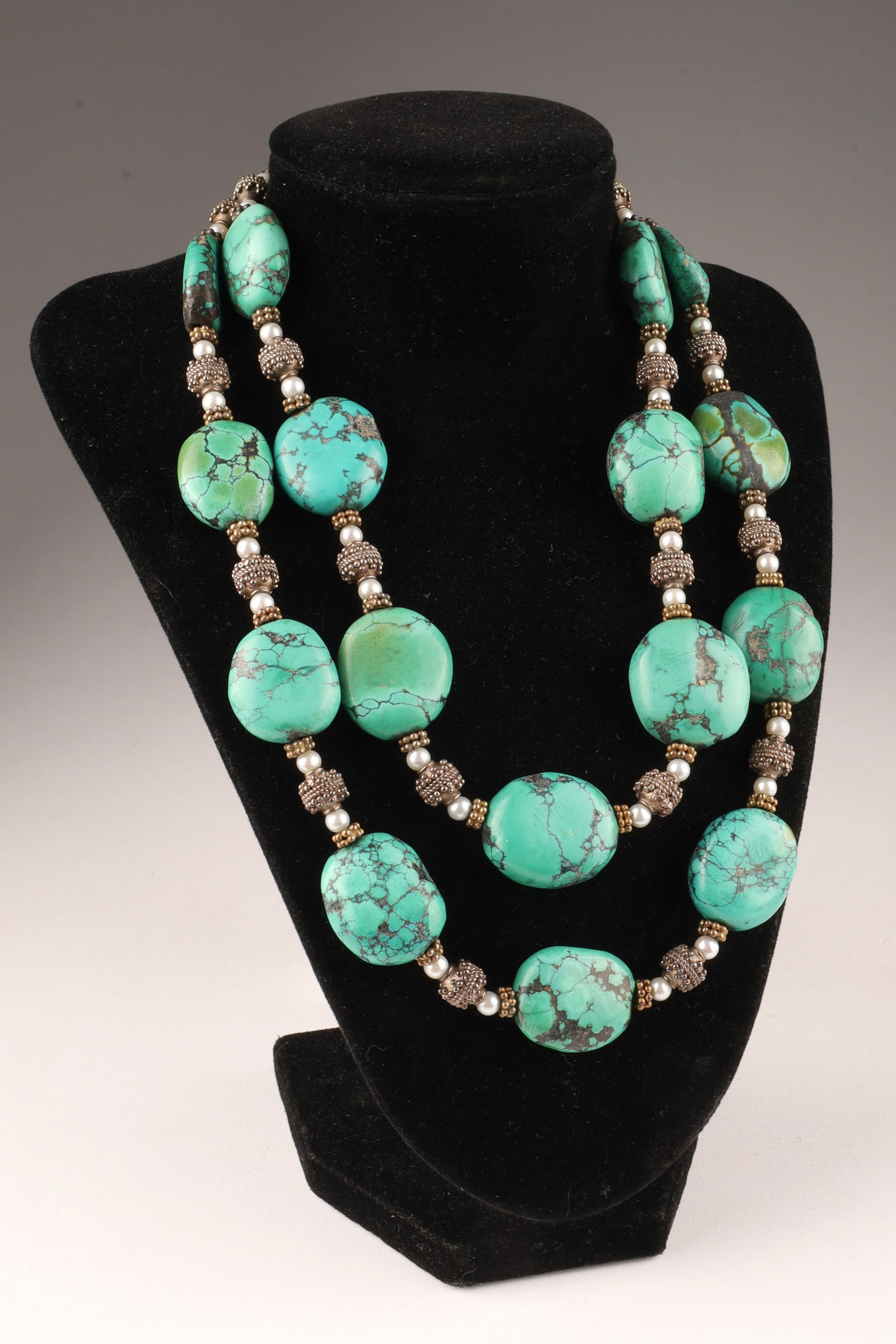 Large Sterling Turquoise Pearl Two Strand Necklace: Large Sterling Turquoise Pearl Two Strand Necklace featuring large round discs of green turquoise with sterling silver and gold wash beads with pearl spacers. 16.5 inchesL, 183 grams.