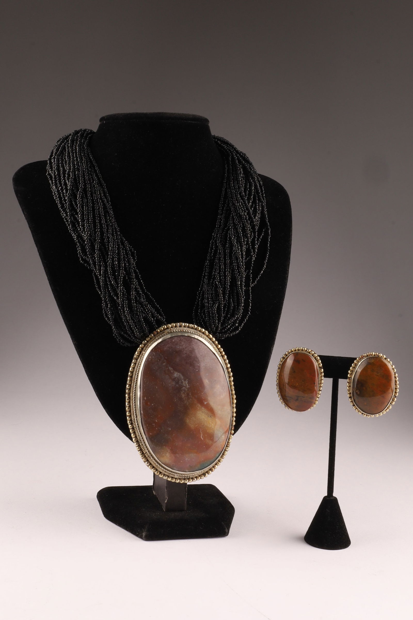 Set Multi Strand Black Beaded Necklace with Large Stone Pendant and Earrings (1 of 10)