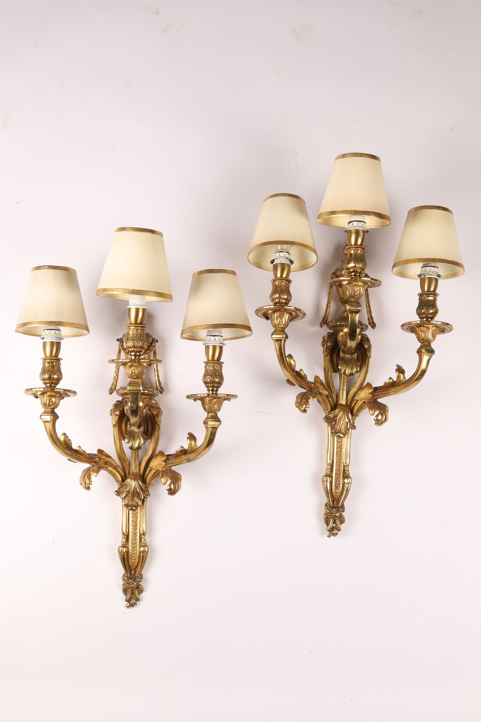 Pair Of French Gilt Bronze Three Light Wall Sconces Lights (1 of 9)
