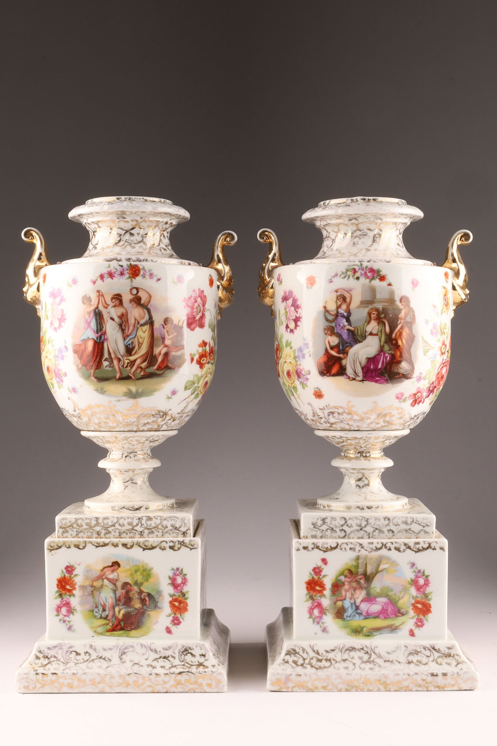 Pair Antique Meissen Germany Medici Vases on Bases (1 of 11)