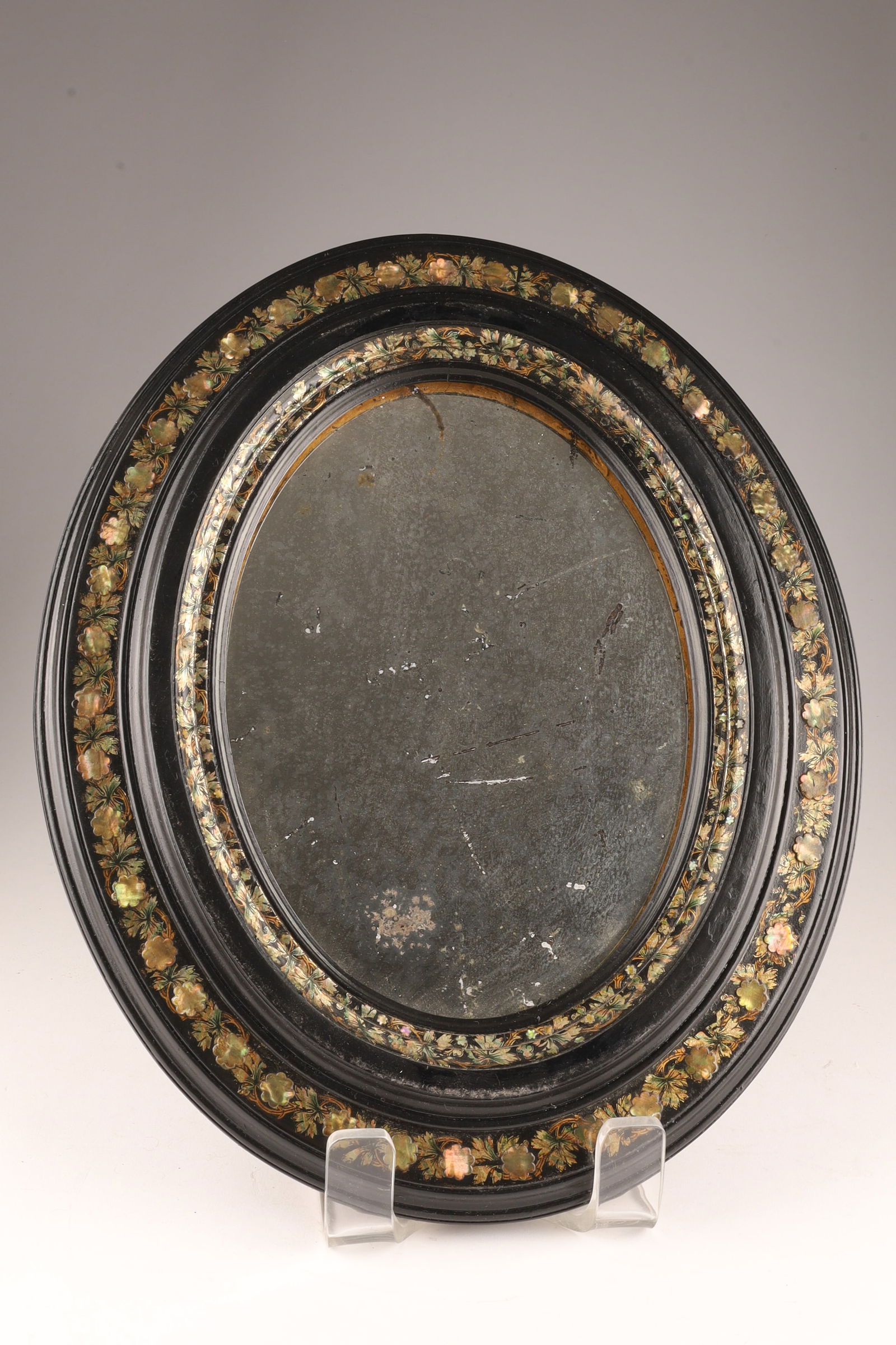 19th c. Victorian Ebonized Abalone Inlay Oval Mirror: 19th c. Victorian Ebonized Abalone Inlay Oval Mirror. 15 inches x 12 inches
