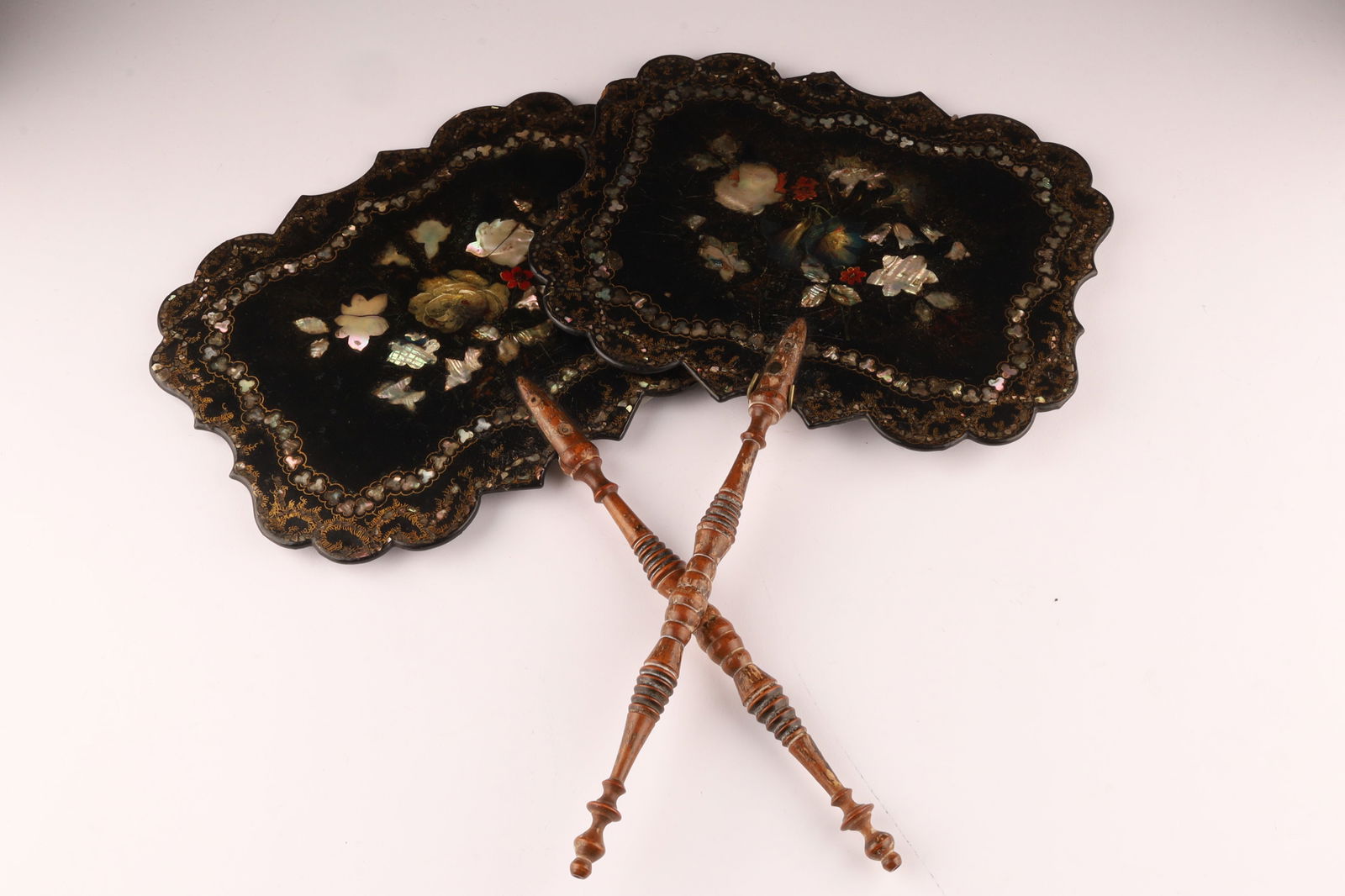 Pair of Victorian Abalone Inlaid Papier Mache Face Screens (1 of 5)