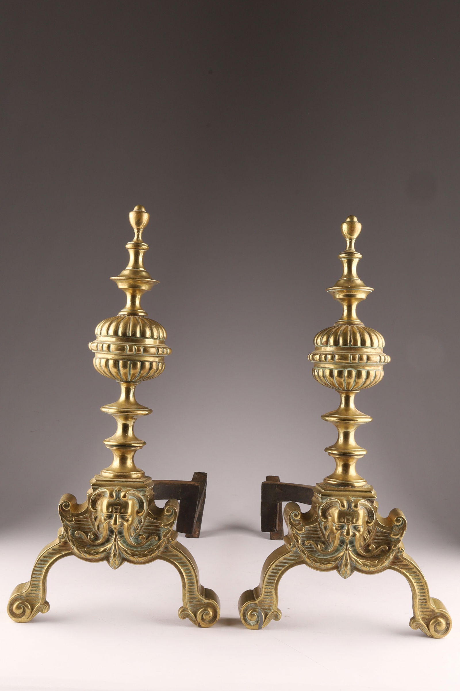 Pair Antique English Brass Andirons With Masks (1 of 7)