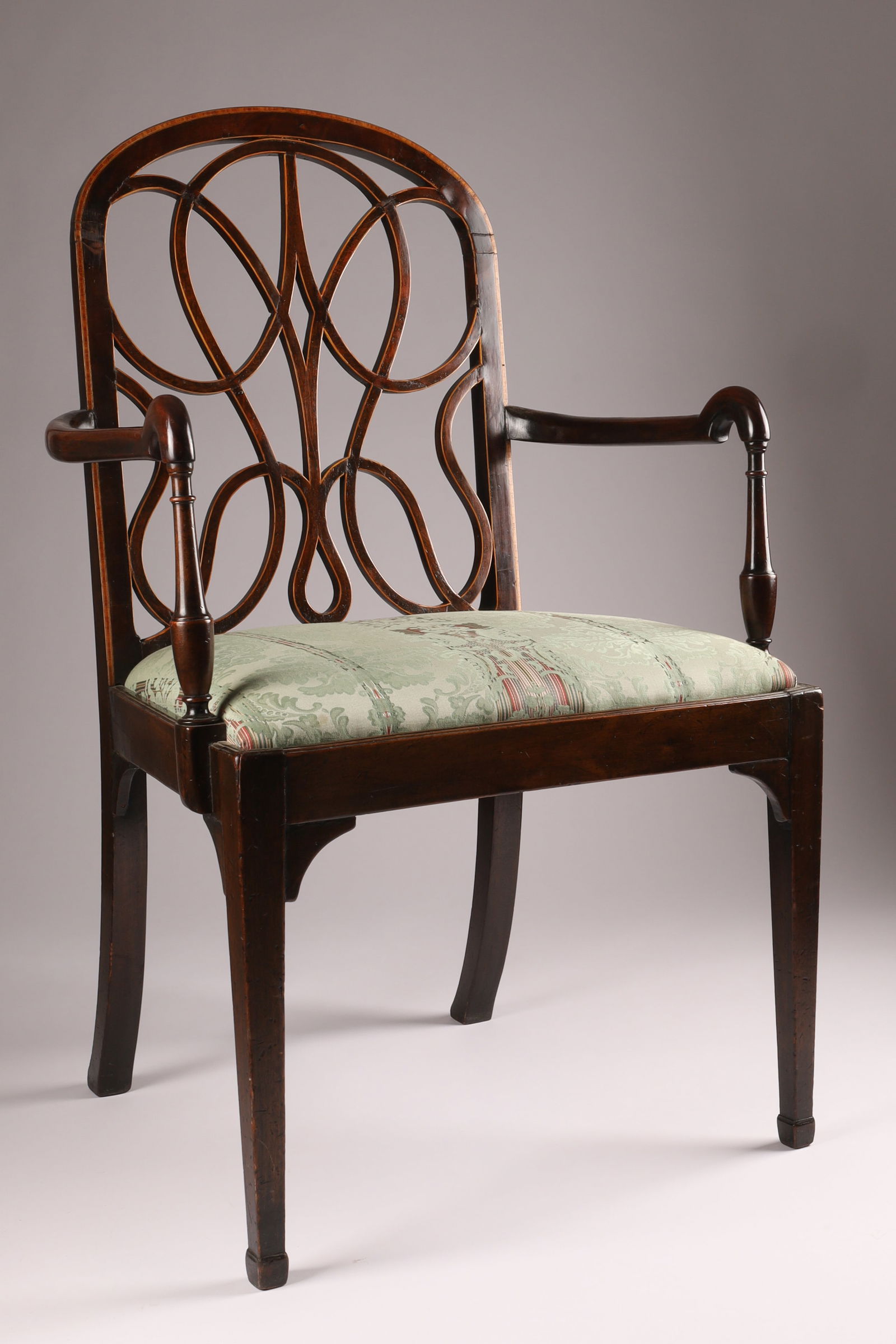 Antique Georgian Shepherd's Crook Armchair with Inlaid Splat: Antique Georgian Shepherd's Crook Armchair with Inlaid Splat, Hepplewhite or Sheraton. Some restoration to inlay, as shown. 38 inches H x 24 W x 18 deep, 18 inches seat height. 