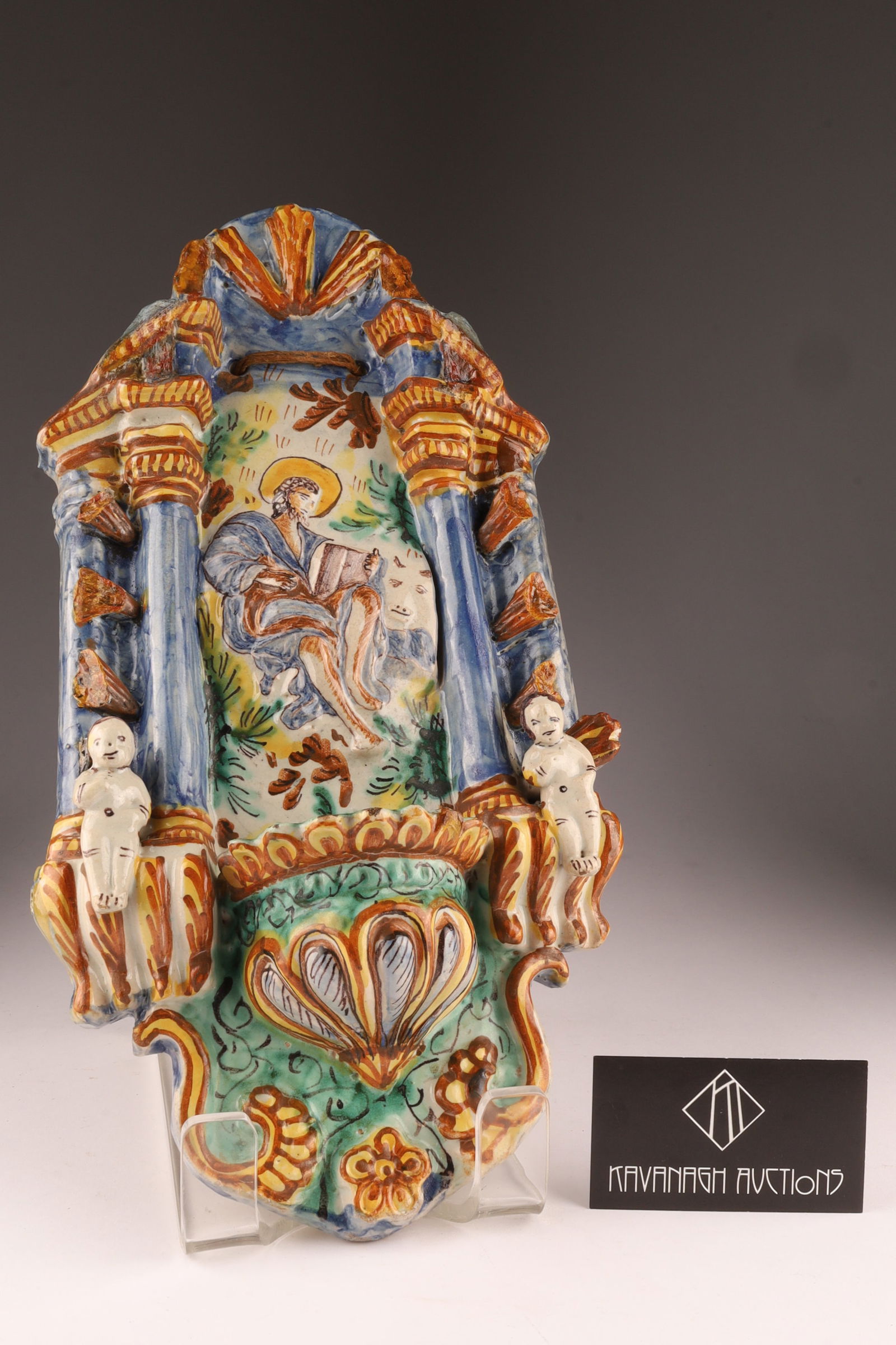 French or Spanish Faience Holy Water Font with Saint John and Cherubs c.1780-1820 (1 of 6)