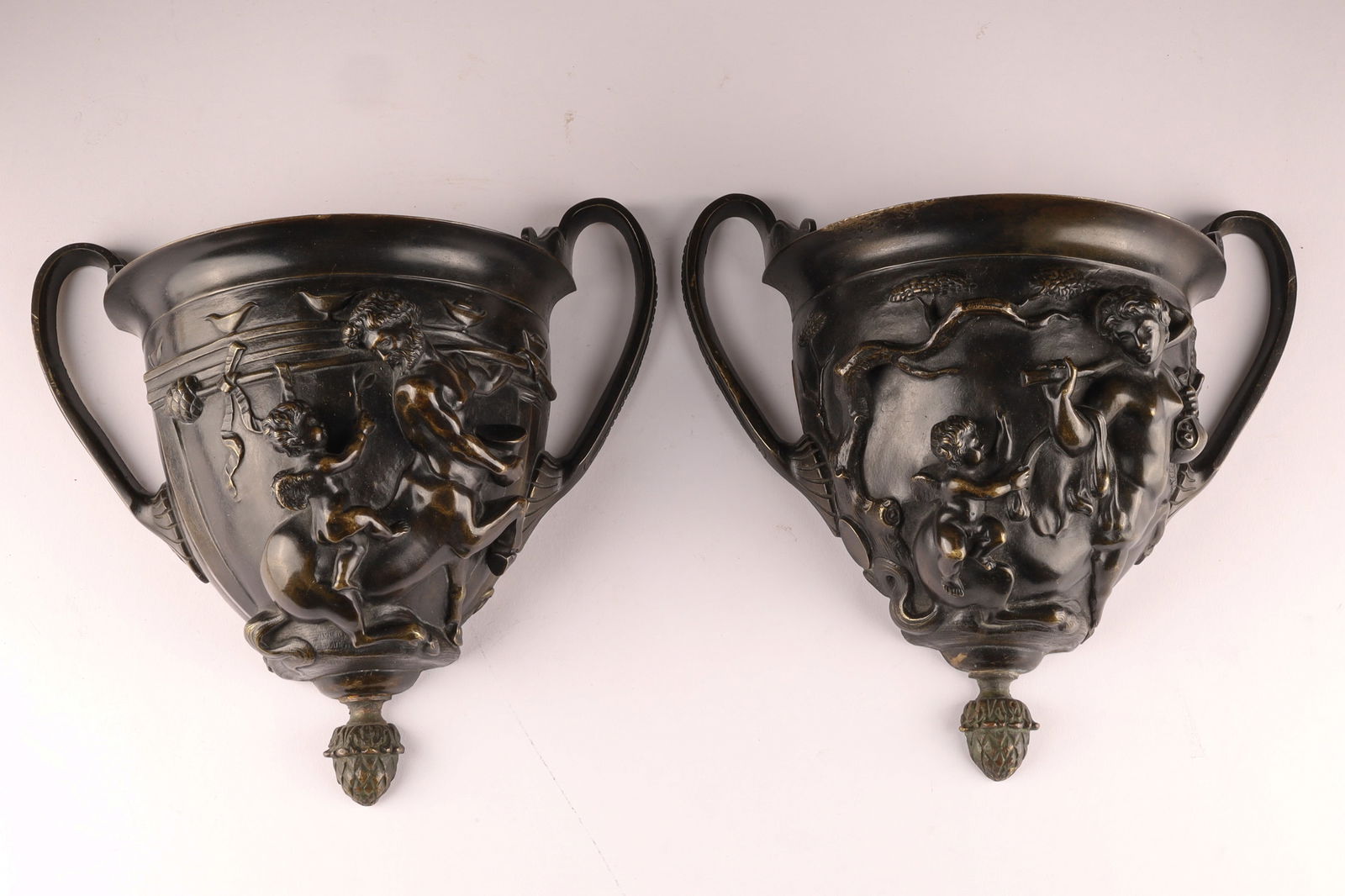 Pair of Antique Neoclassical Bronze Wall Pockets after the Kantharos Vessel (1 of 7)