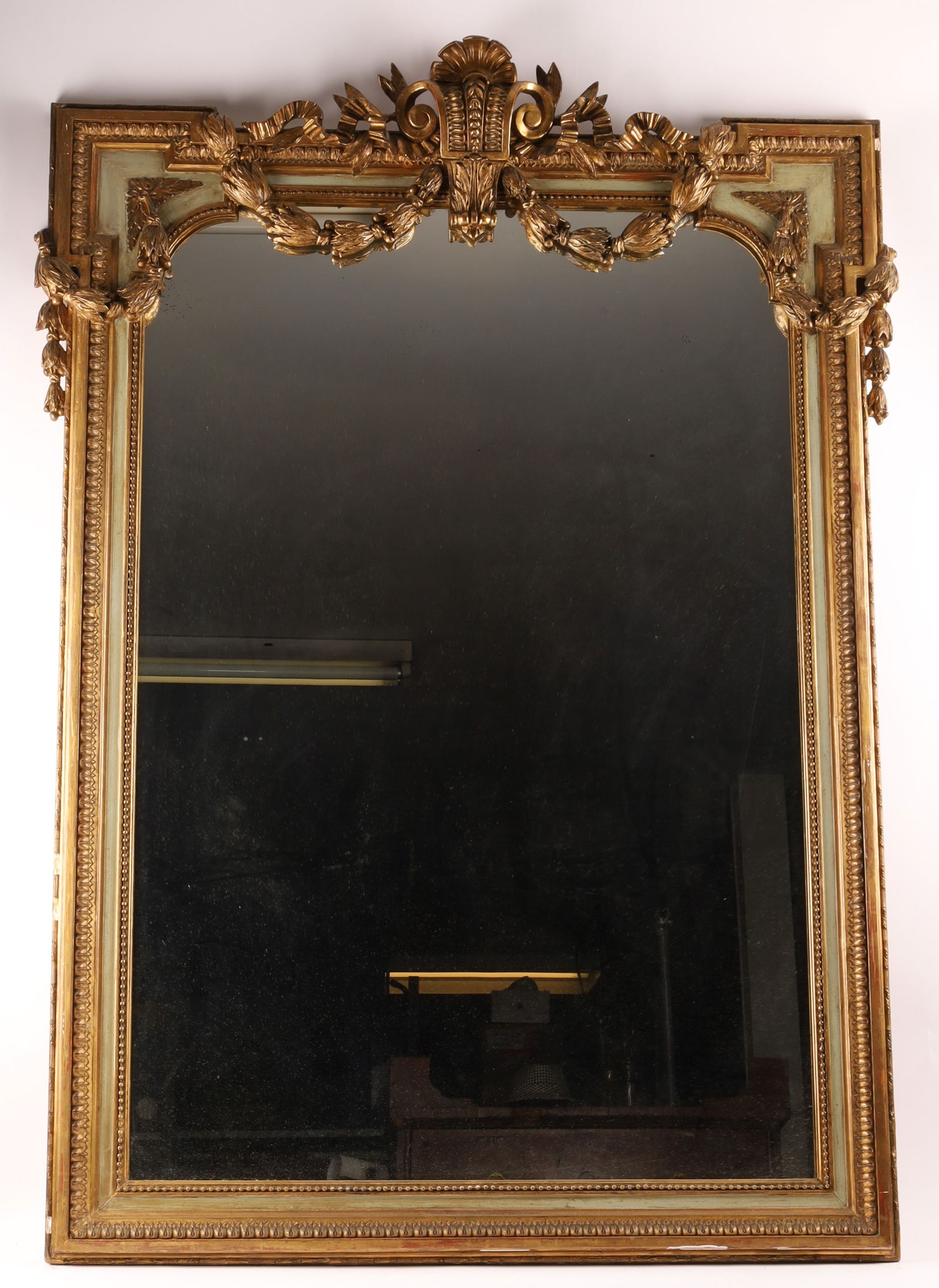 19th C French Napoleon III Gilt Overmantle Mirror with Celadon Trim: 19th C French Napoleon III Gilt Overmantle Mirror with Celadon Trim, ribbons and floral swags. Measuring 56 inches H x 42 W.